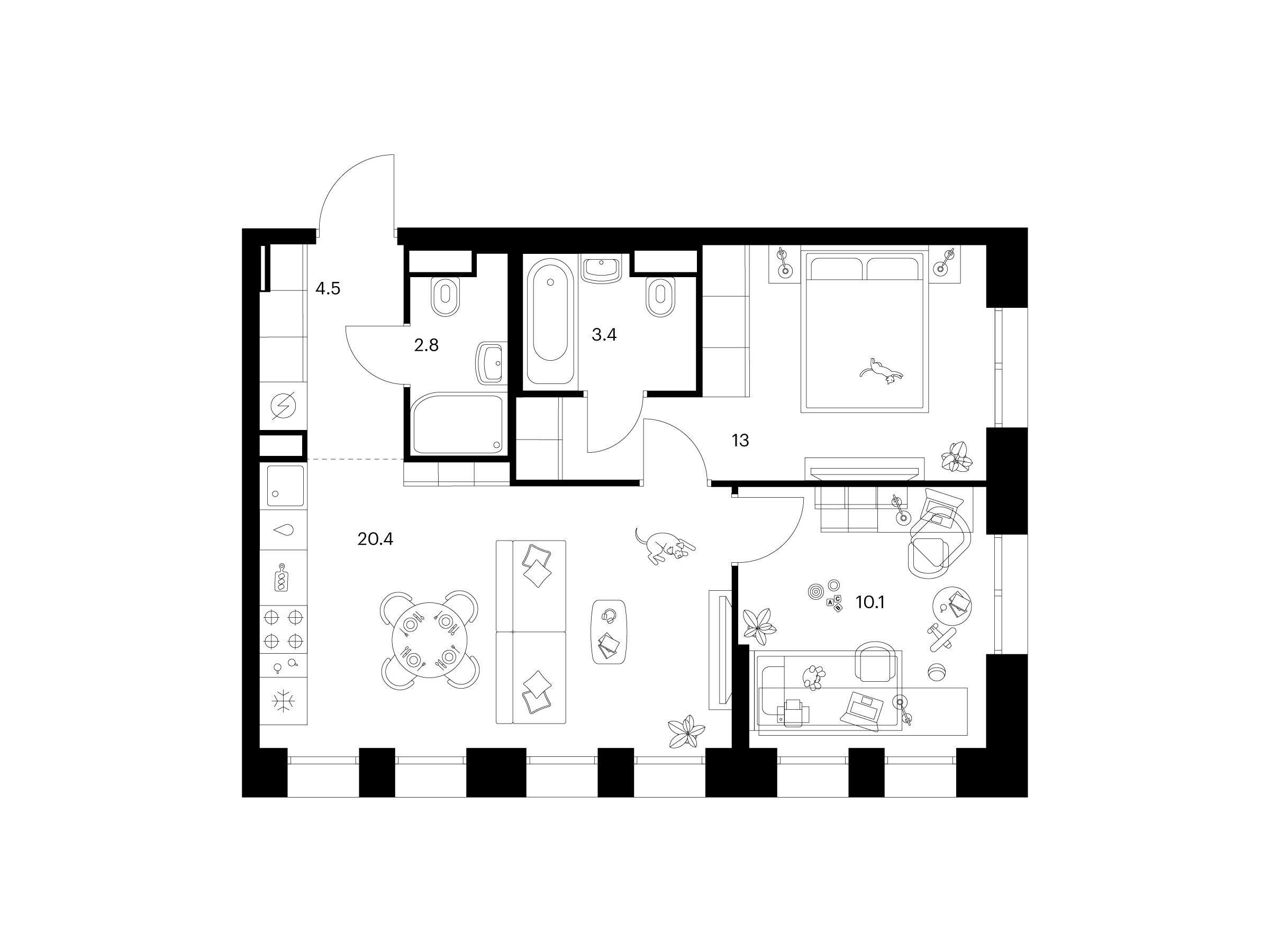 Планировка: 2-комн. квартира 54.20 м² в новостройке Строгино 360