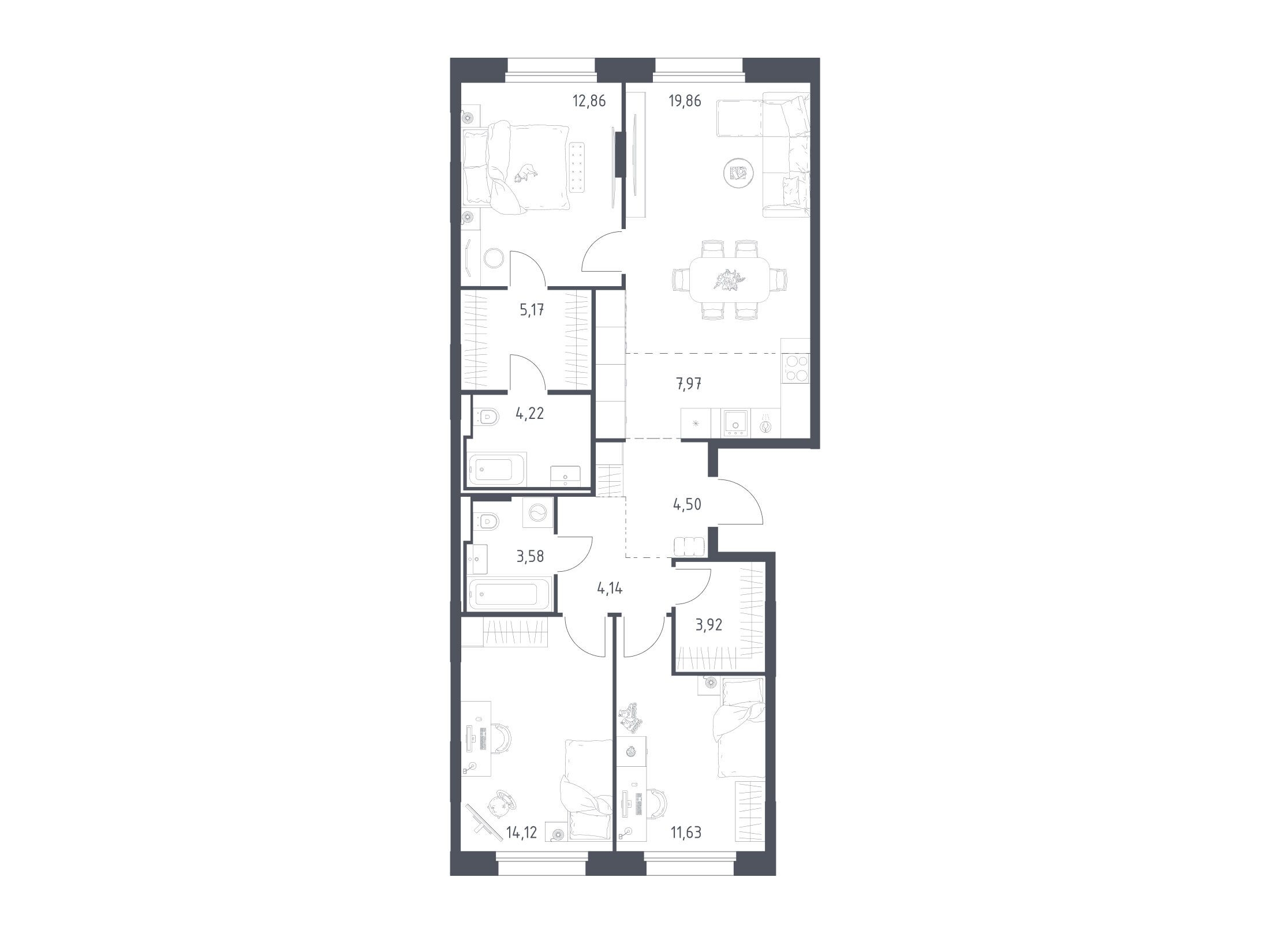 Планировка: 3-комн. квартира 91.97 м² в новостройке Заречье Парк