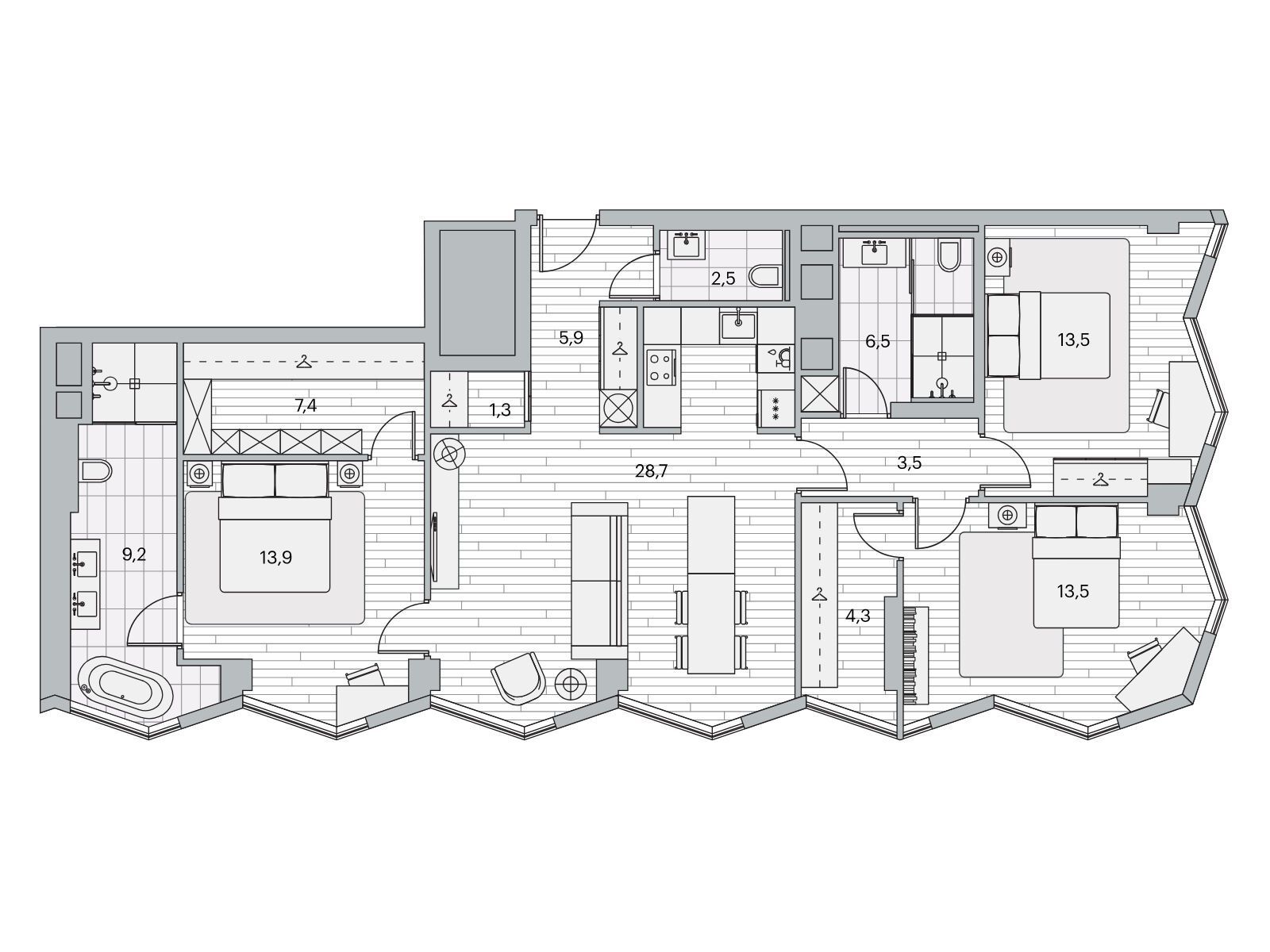 Планировка: 3-комн. квартира 115.00 м² в новостройке Береговой-2