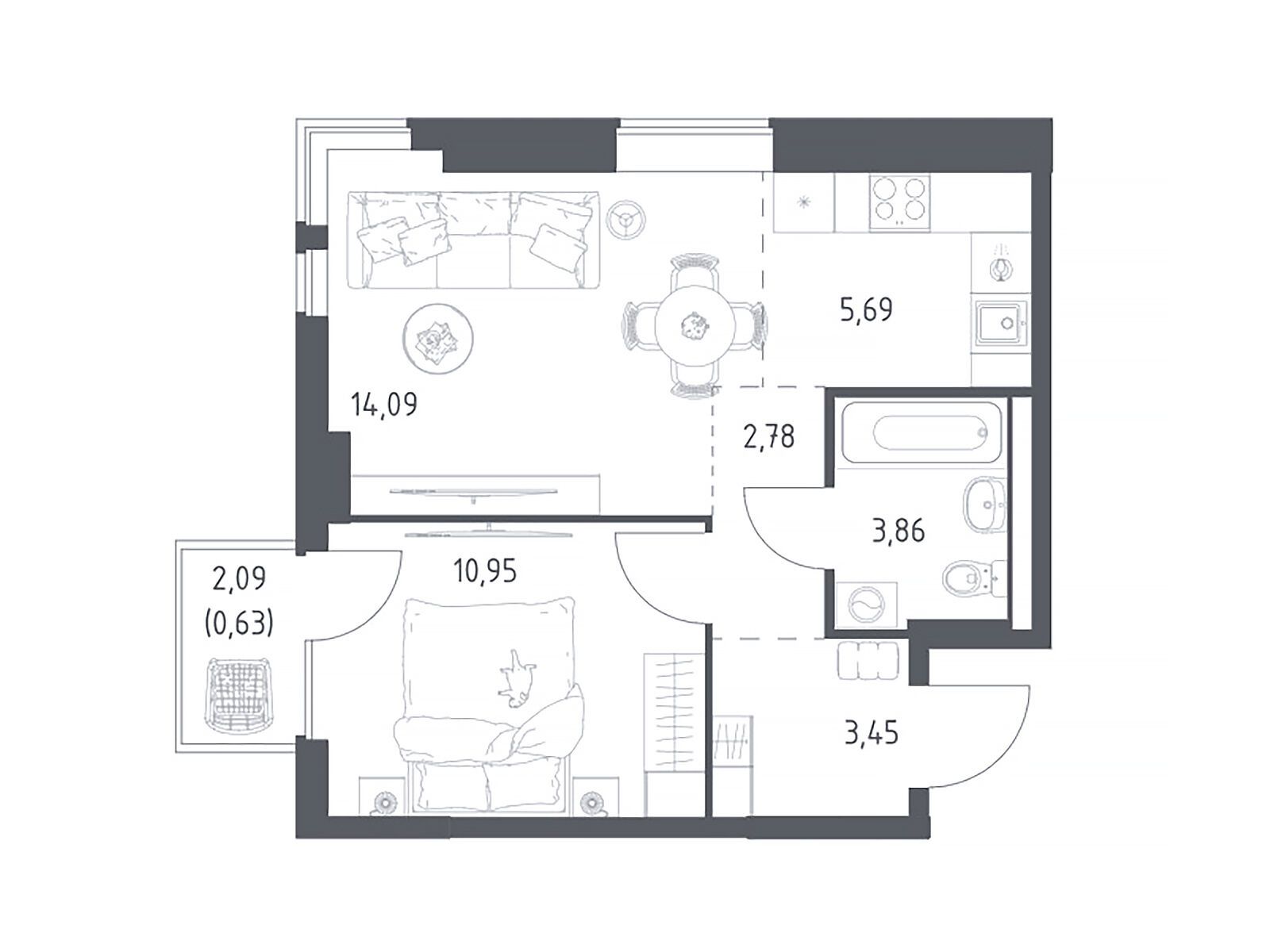 Планировка: 1-комн. квартира 41.45 м² в новостройке Горки Парк