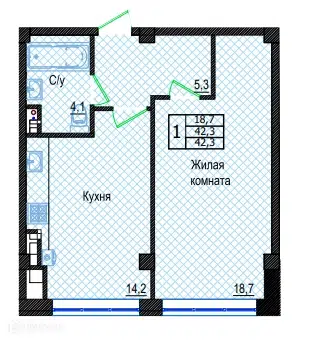 Планировка: 1-комн. квартира 42.30 м² в новостройке Резиденция