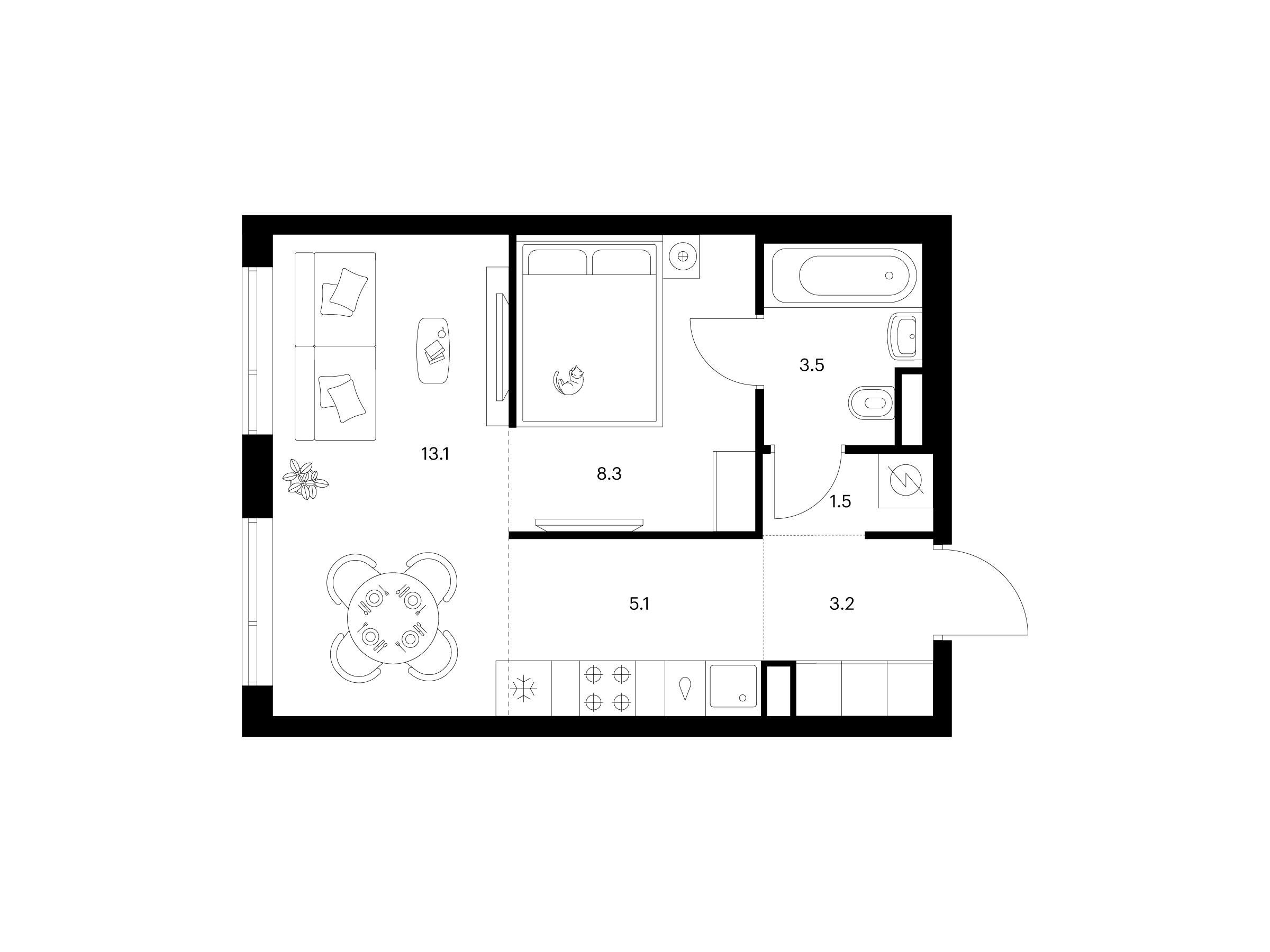 Планировка: 1-комн. квартира 34.70 м² в новостройке Бунинская набережная