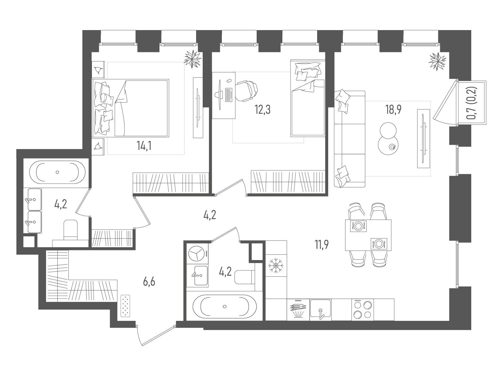 Планировка: 2-комн. квартира 76.60 м² в новостройке Пейв