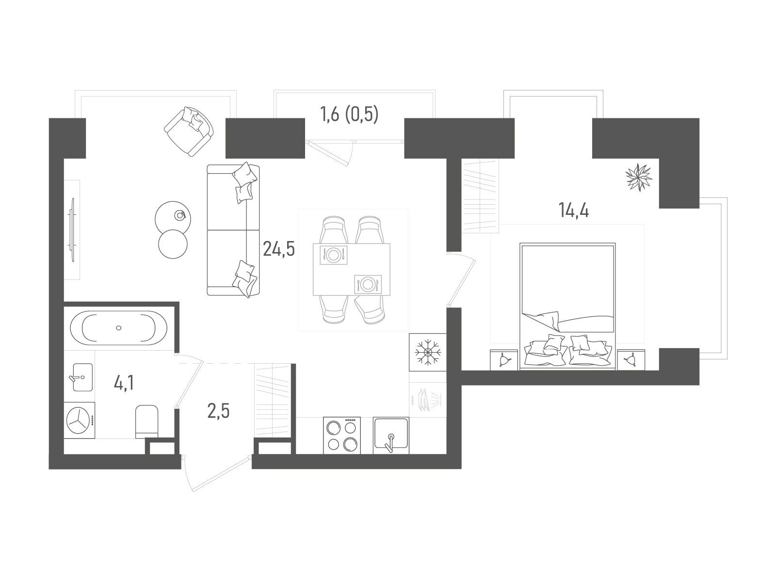 Планировка: 1-комн. квартира 46.00 м² в новостройке Татум