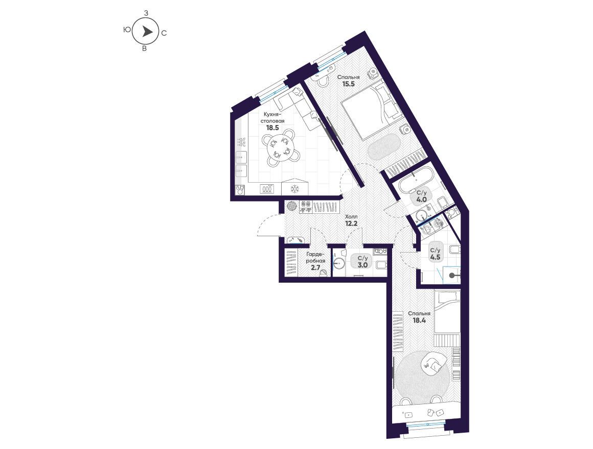 Планировка: 2-комн. квартира 78.80 м² в новостройке Мариинка Делюкс