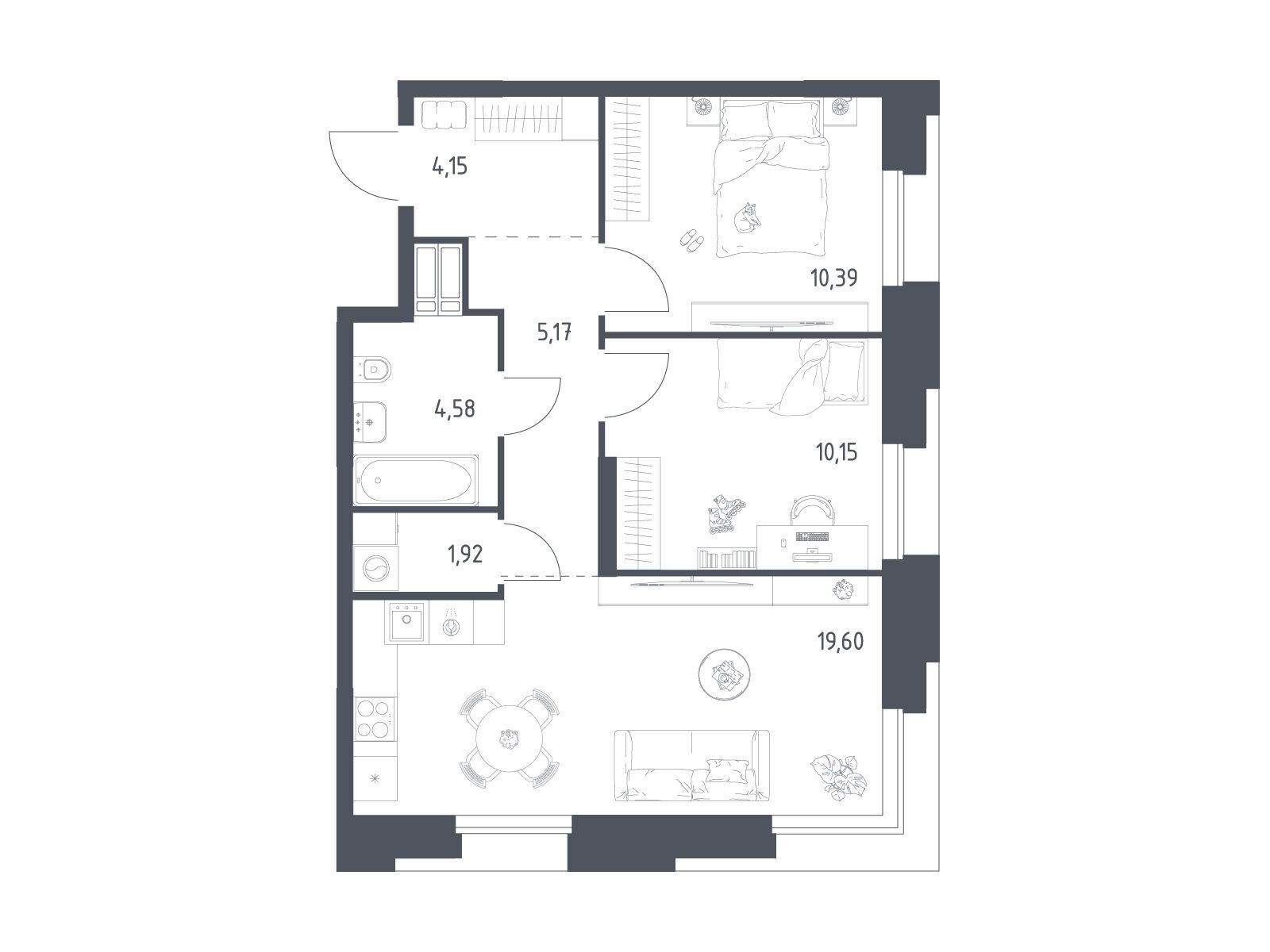 Планировка: 2-комн. квартира 55.96 м² в новостройке Тропарево Парк