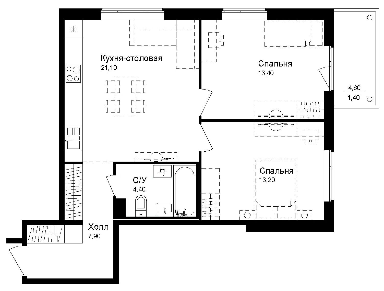 Планировка: 2-комн. квартира 61.40 м² в новостройке Новая Дубровка