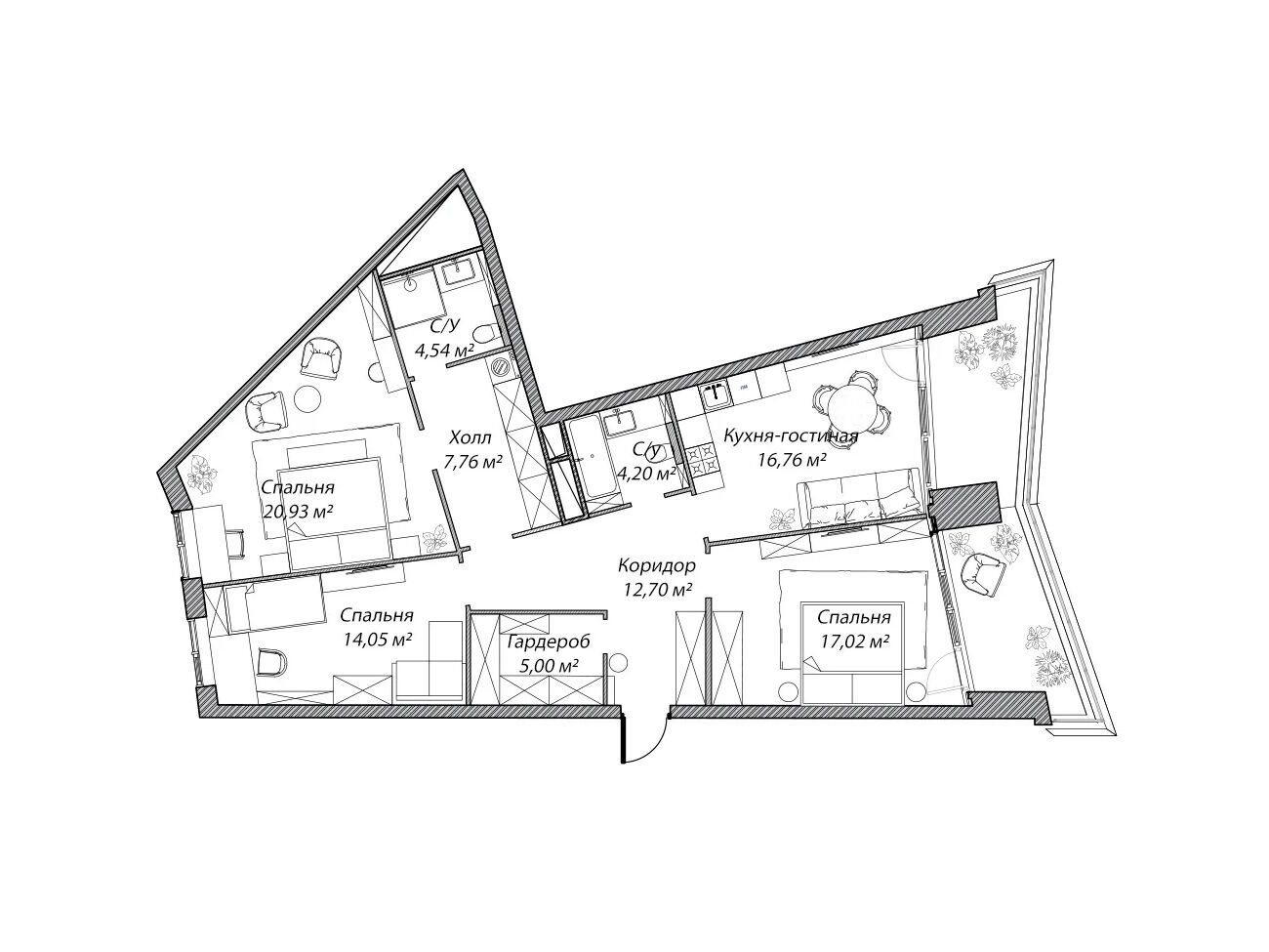 Планировка: 4-комн. квартира 103.20 м² в новостройке Рублево