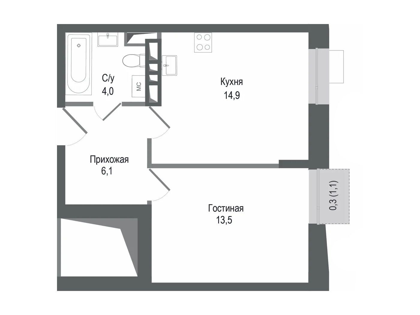 Планировка: 1-комн. квартира 38.50 м² в новостройке Киноквартал