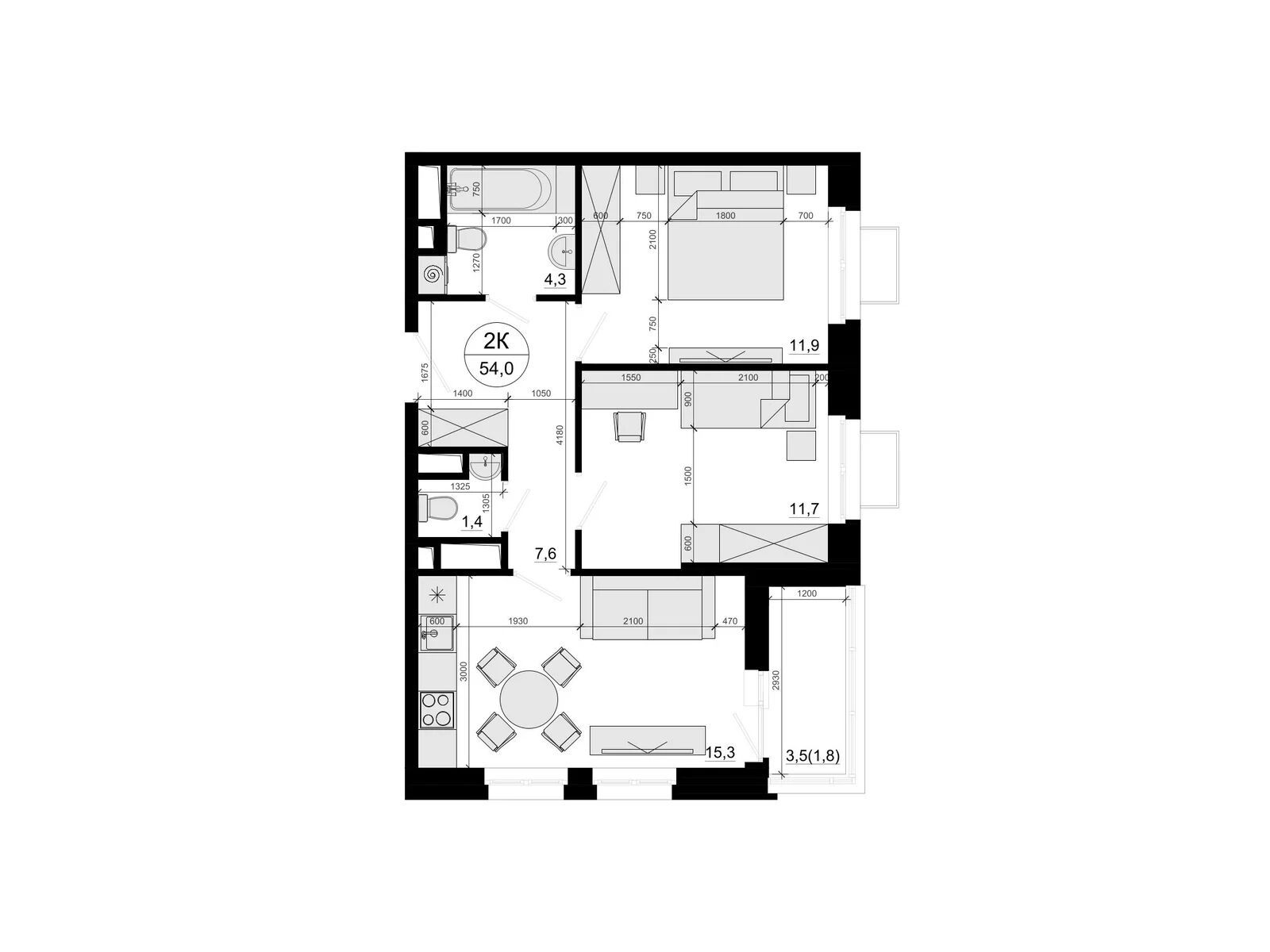 Планировка: 2-комн. квартира 54.00 м² в новостройке ЖК Одинцовские кварталы