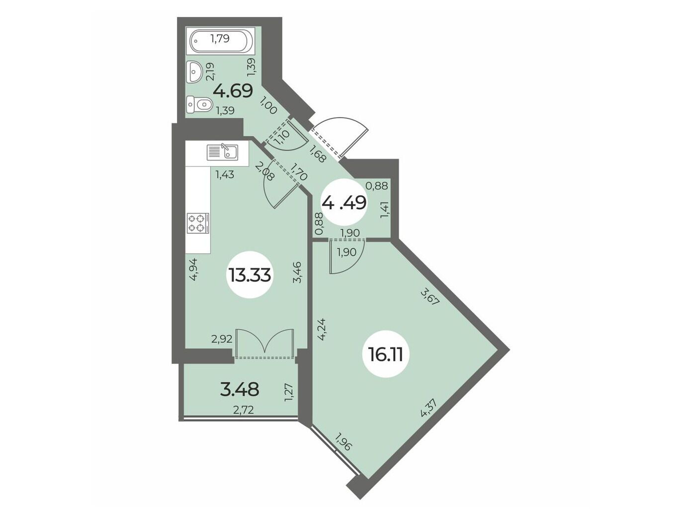 Планировка: 1-комн. квартира 40.36 м² в новостройке Огни Залива