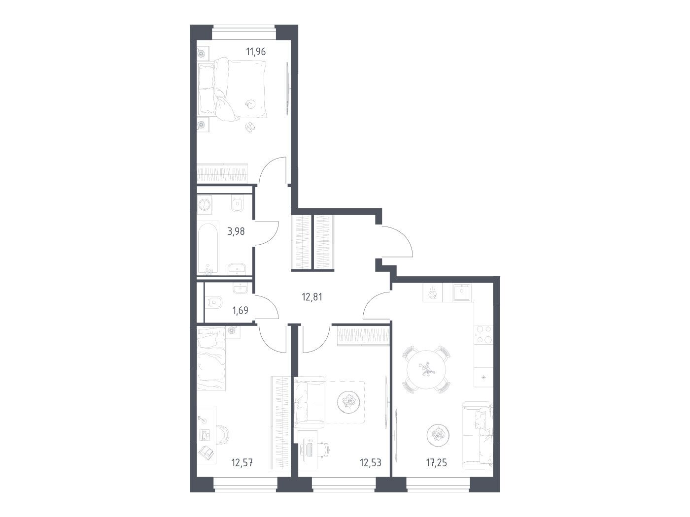 Планировка: 3-комн. квартира 72.79 м² в новостройке Квартал Домашний