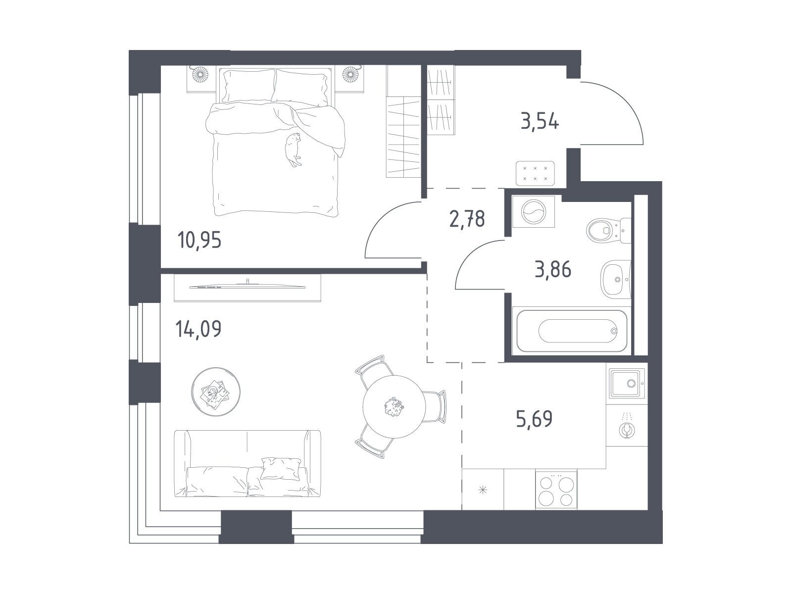 Планировка: 1-комн. квартира 40.91 м² в новостройке Новое Видное
