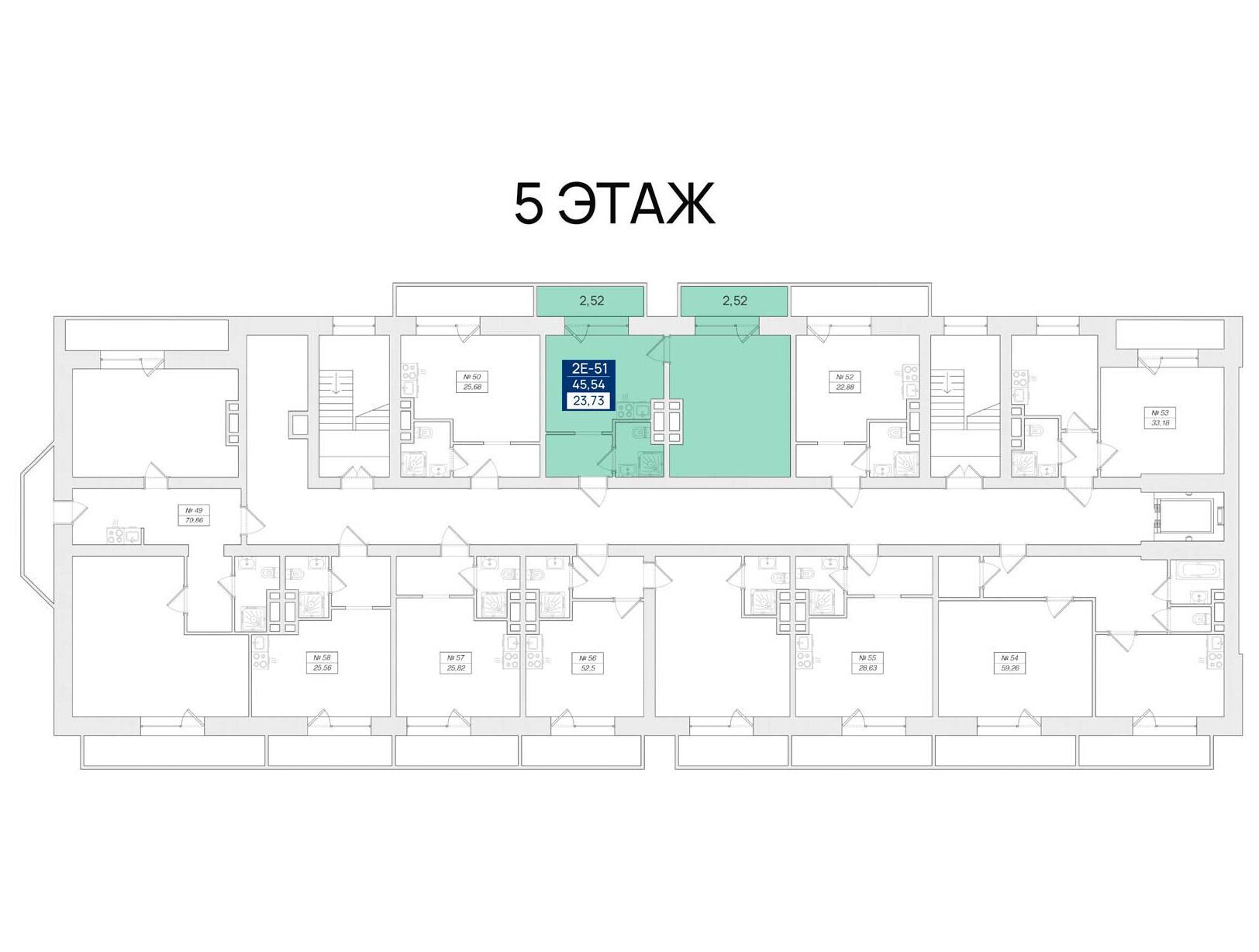 Планировка: 2-комн. квартира 45.54 м² в новостройке Феникс Рощино