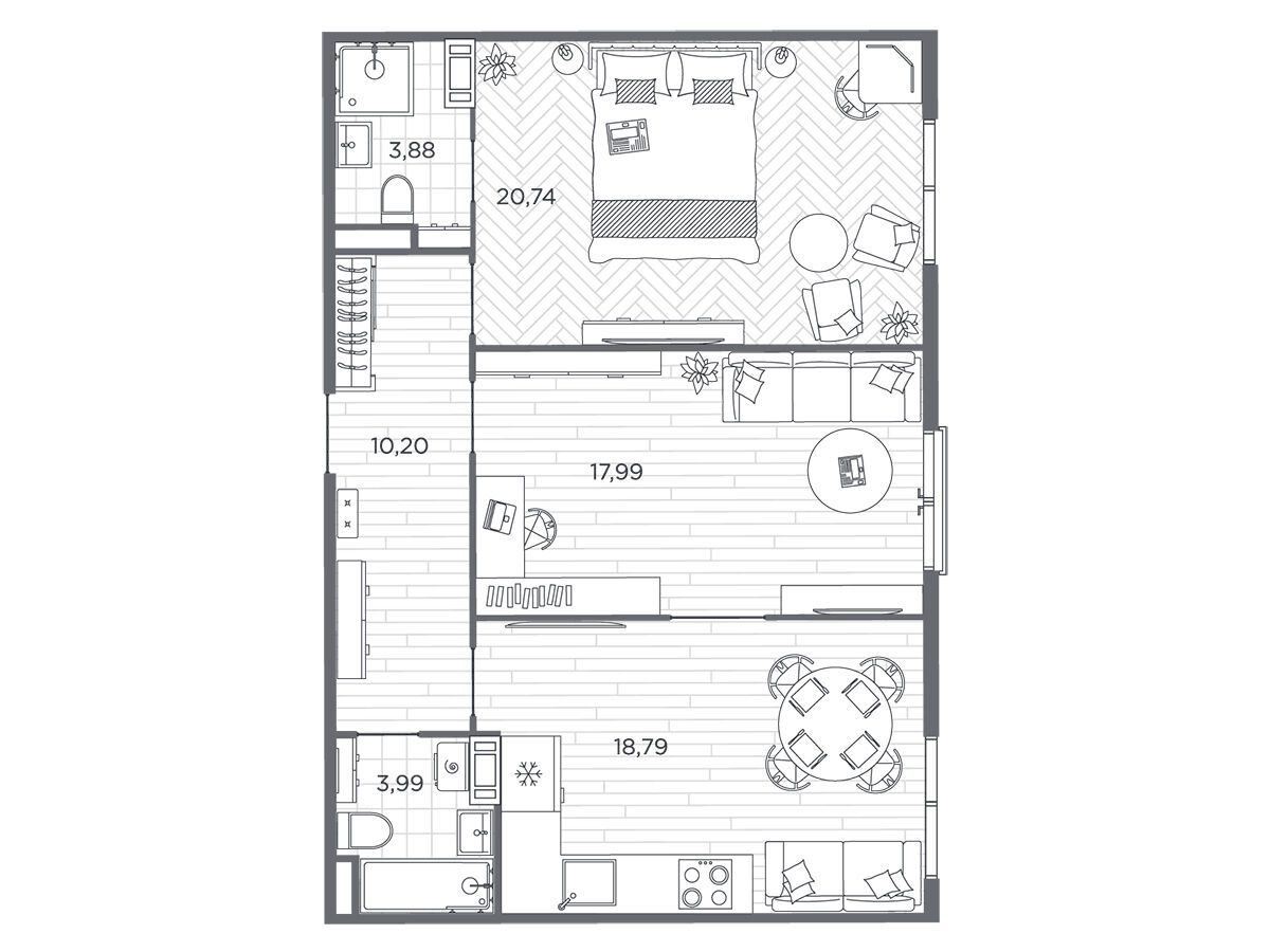 Планировка: 2-комн. квартира 75.30 м² в новостройке Бакунина 33
