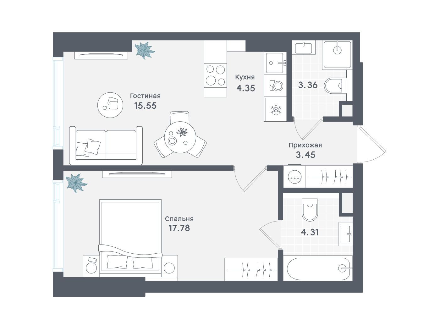Планировка: 1-комн. квартира 48.80 м² в новостройке ЖК Солос