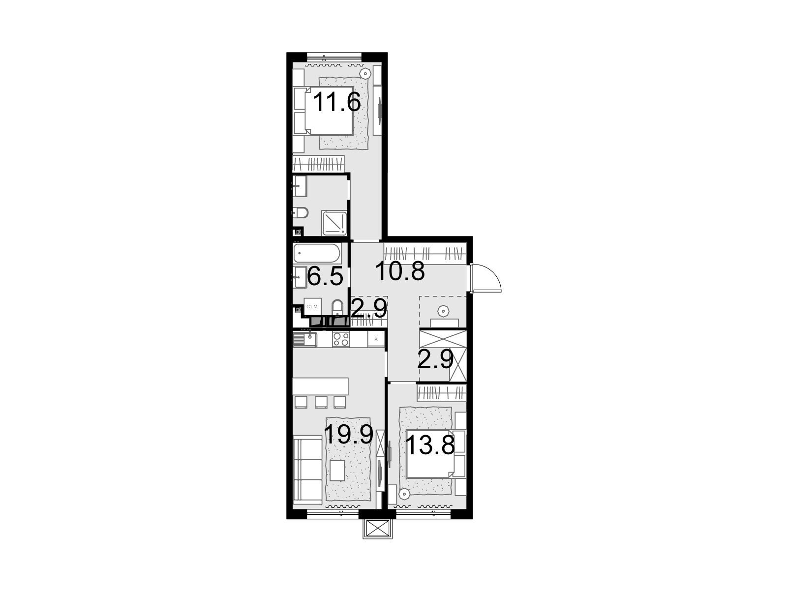 Планировка: 2-комн. квартира 70.50 м² в новостройке Малевич