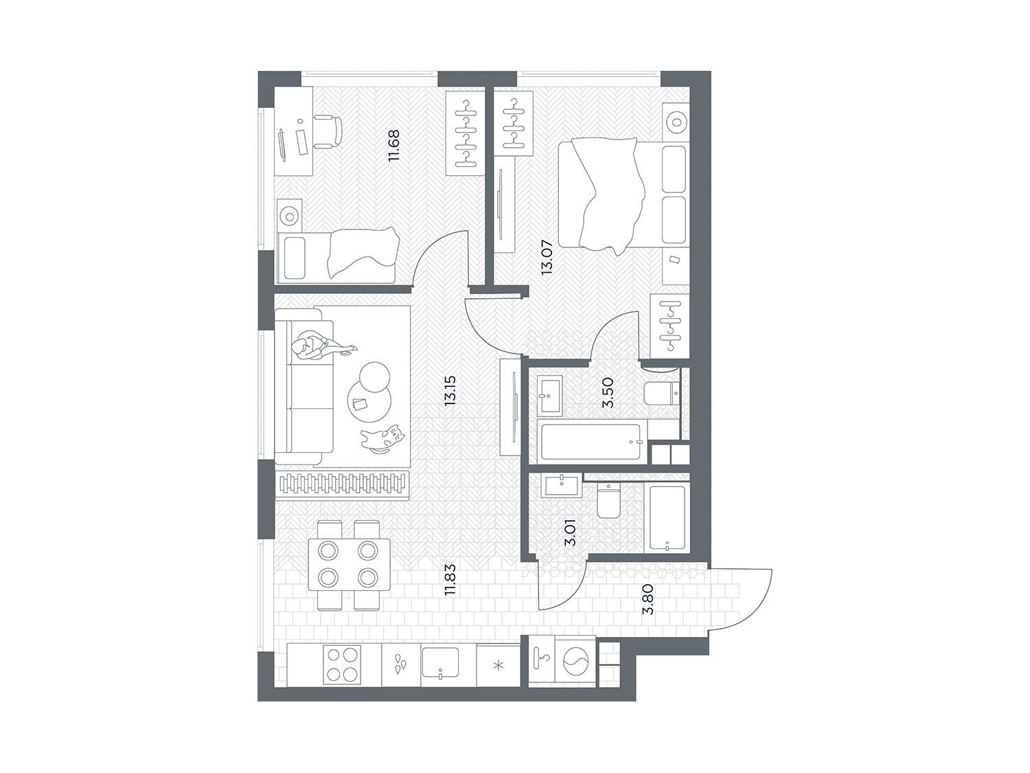 Планировка: 2-комн. квартира 60.04 м² в новостройке Тейт