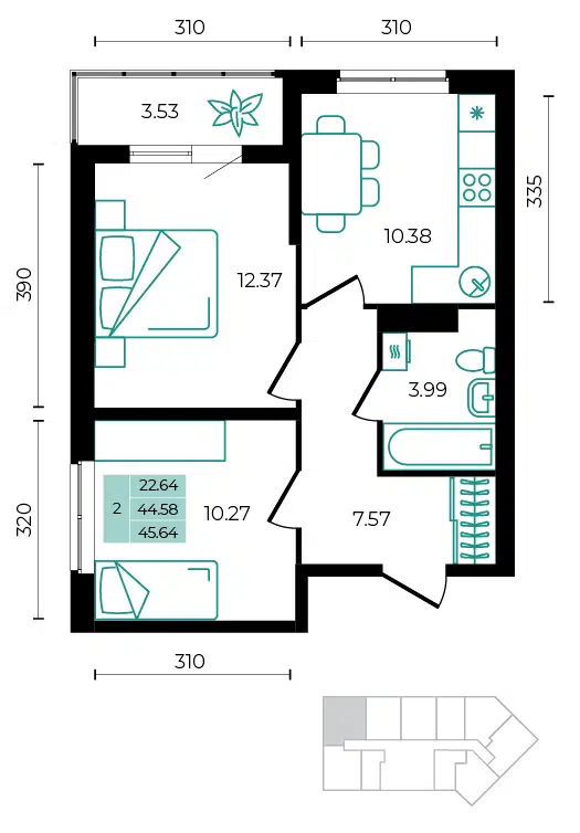 Планировка: 2-комн. квартира 45.64 м² в новостройке ЖК Курортный Регион