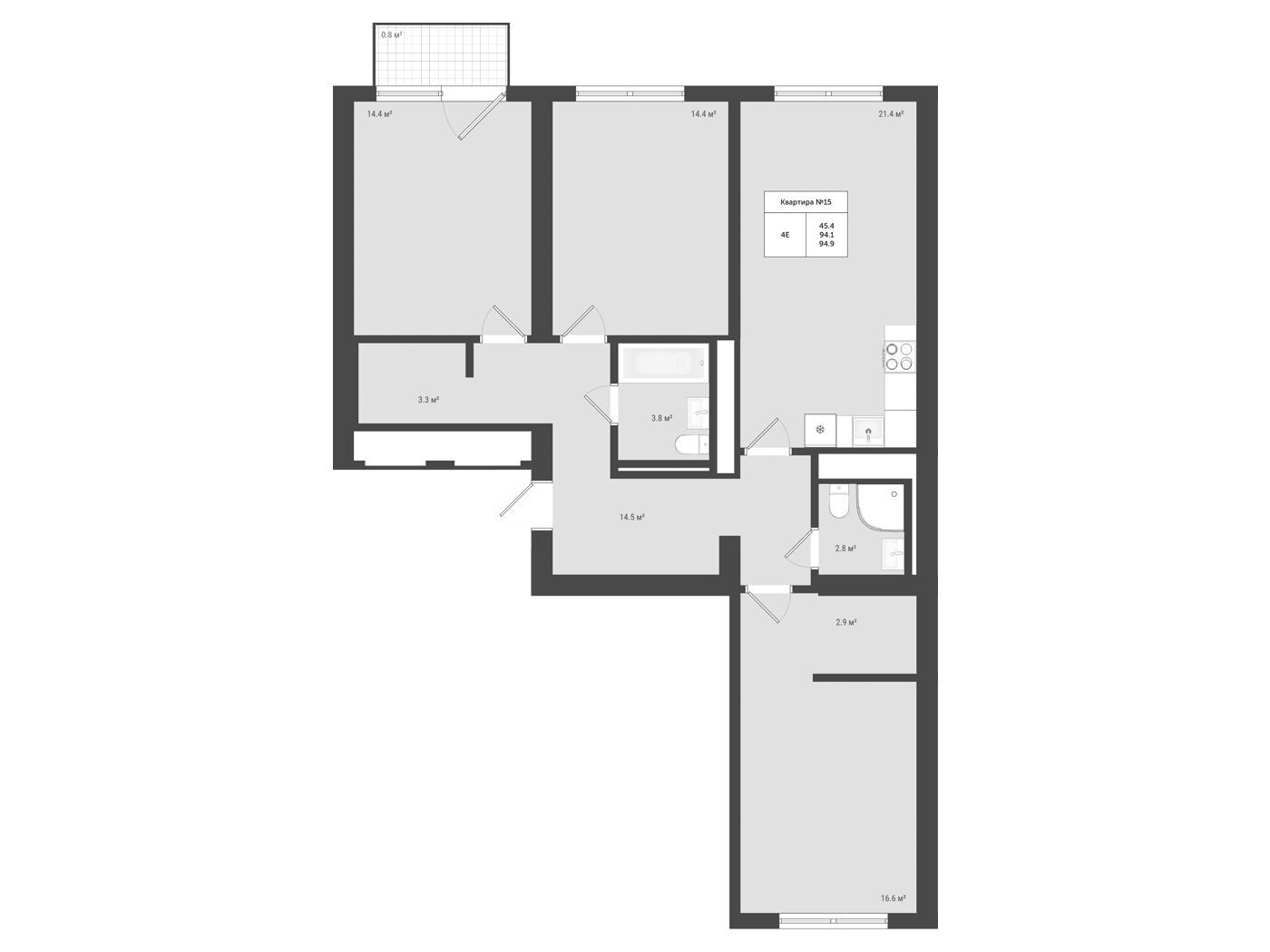 Планировка: 4-комн. квартира 94.90 м² в новостройке Яковлево