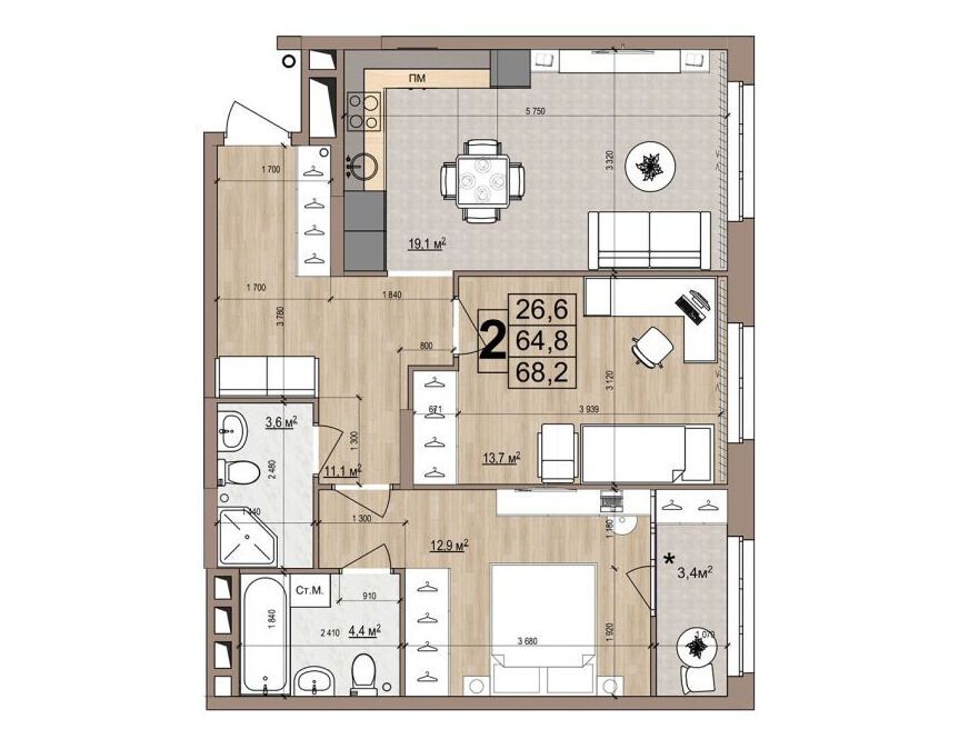 Планировка: 2-комн. квартира 68.20 м² в новостройке Гранд Комфорт