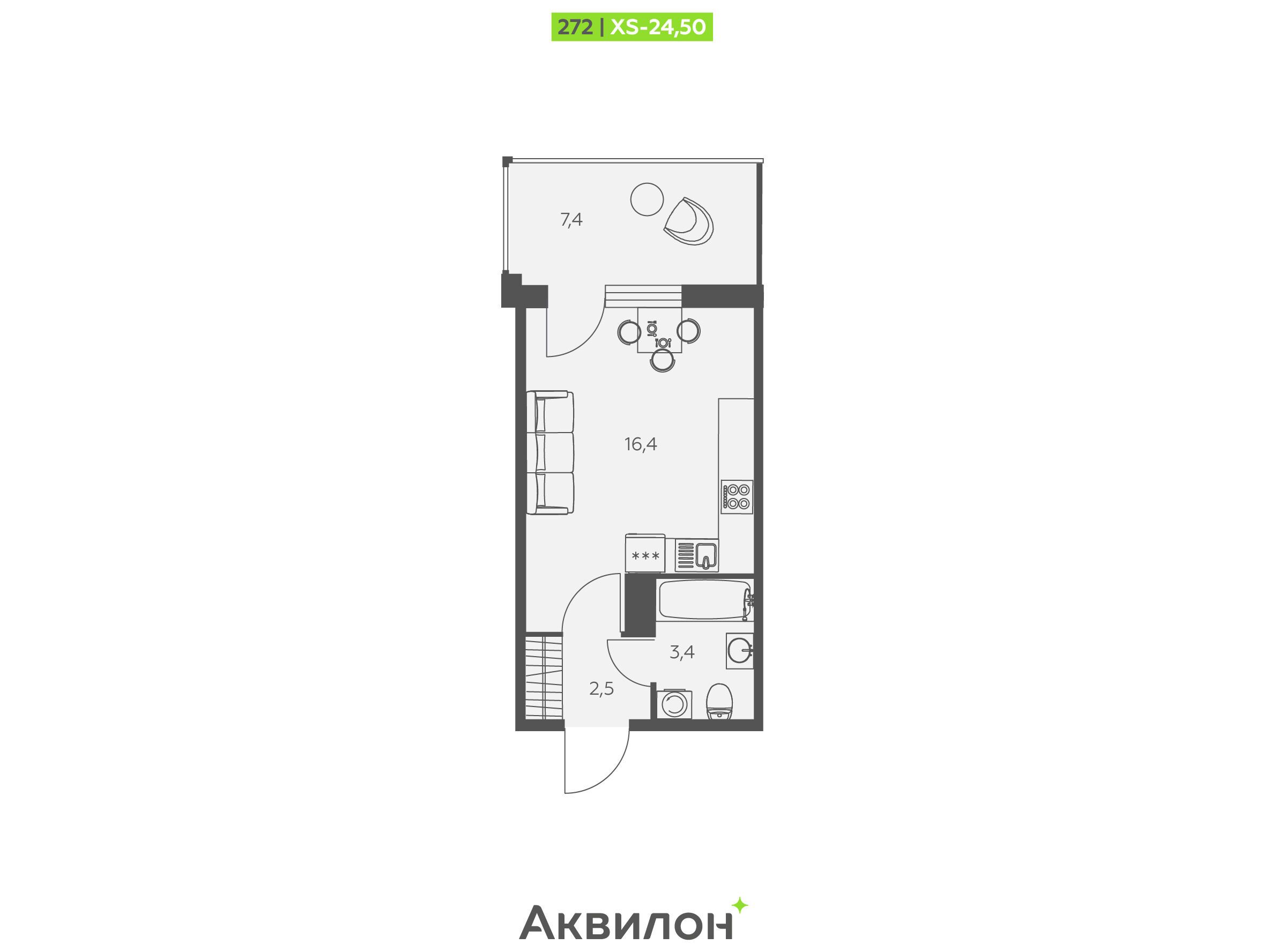 Планировка: Студия 24.50 м² в новостройке Аквилон Сторис