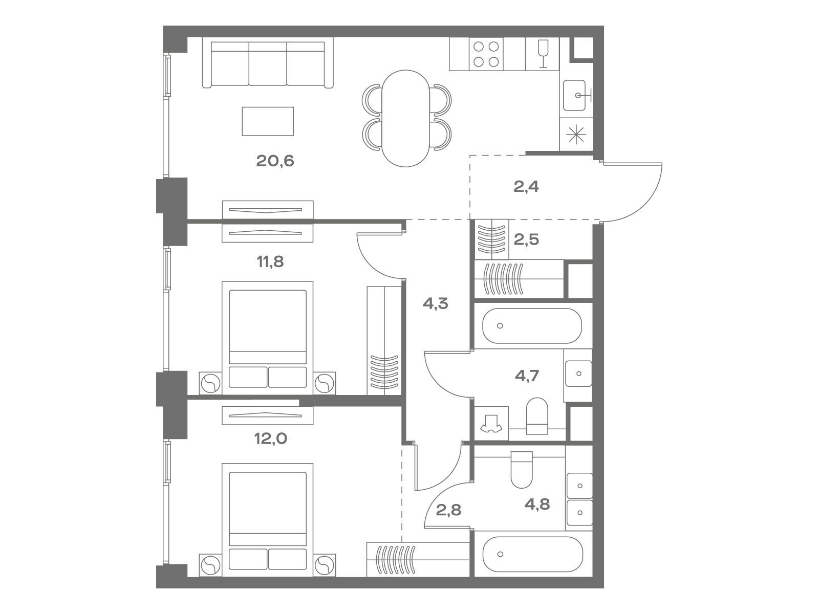 Планировка: 2-комн. квартира 65.90 м² в новостройке ЖК Соул