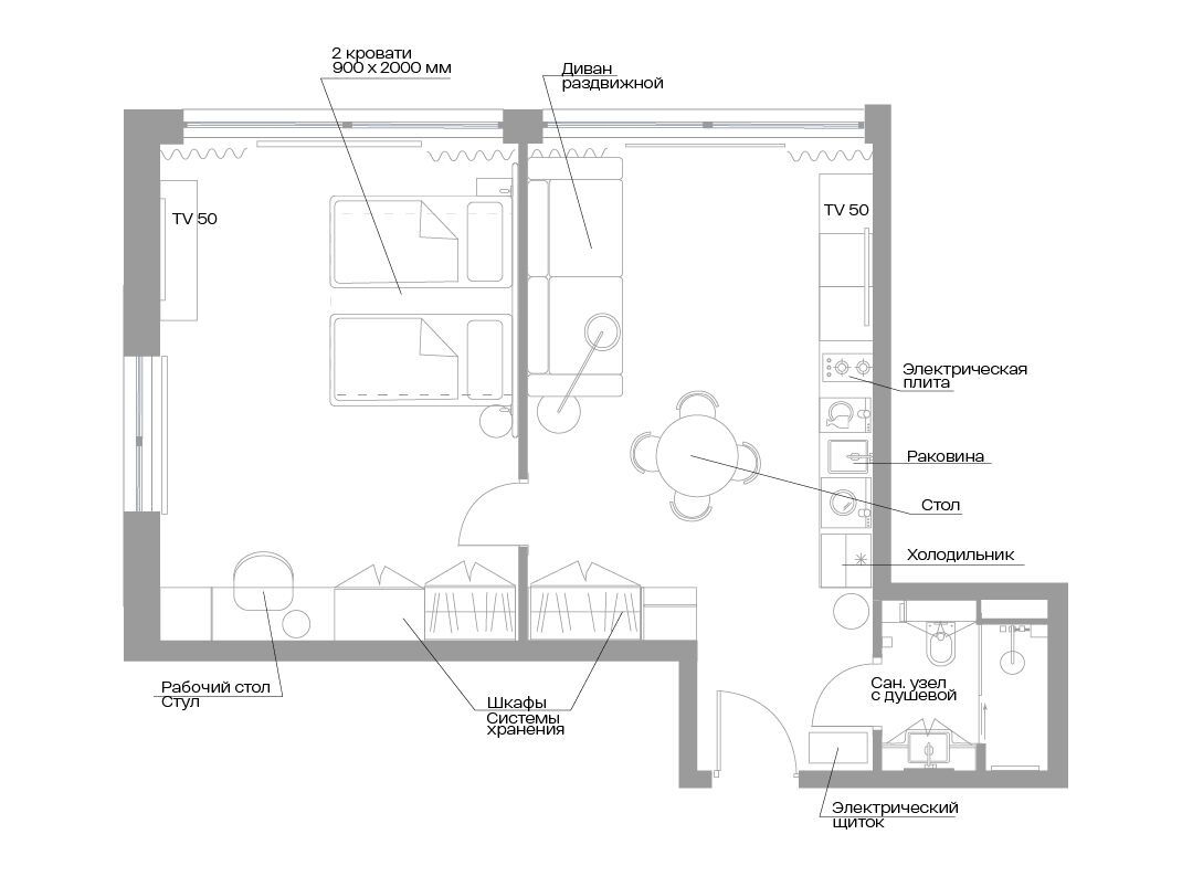 Планировка: 1-комн. квартира 54.40 м² в новостройке Велл Московский