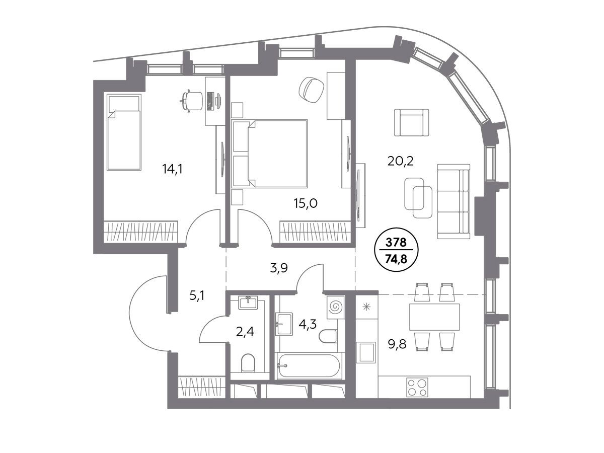 Планировка: 2-комн. квартира 74.80 м² в новостройке Дом 56