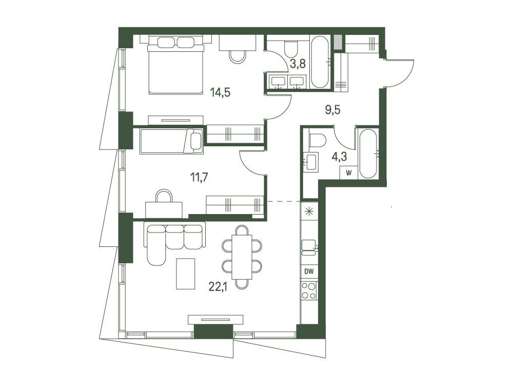 Планировка: 2-комн. квартира 65.90 м² в новостройке Моментс