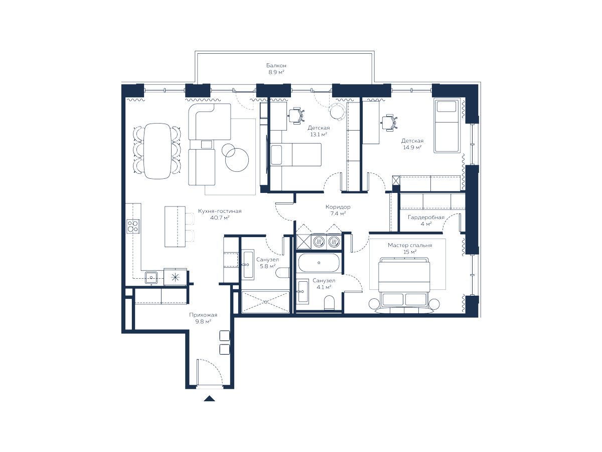 Планировка: 3-комн. квартира 129.20 м² в новостройке Ривер Резиденс