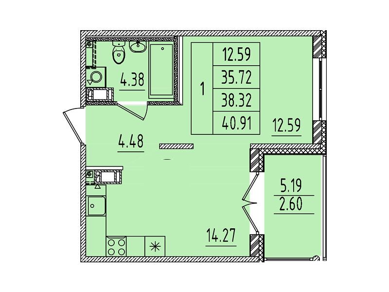 Планировка: 1-комн. квартира 35.72 м² в новостройке Образцовый квартал 14
