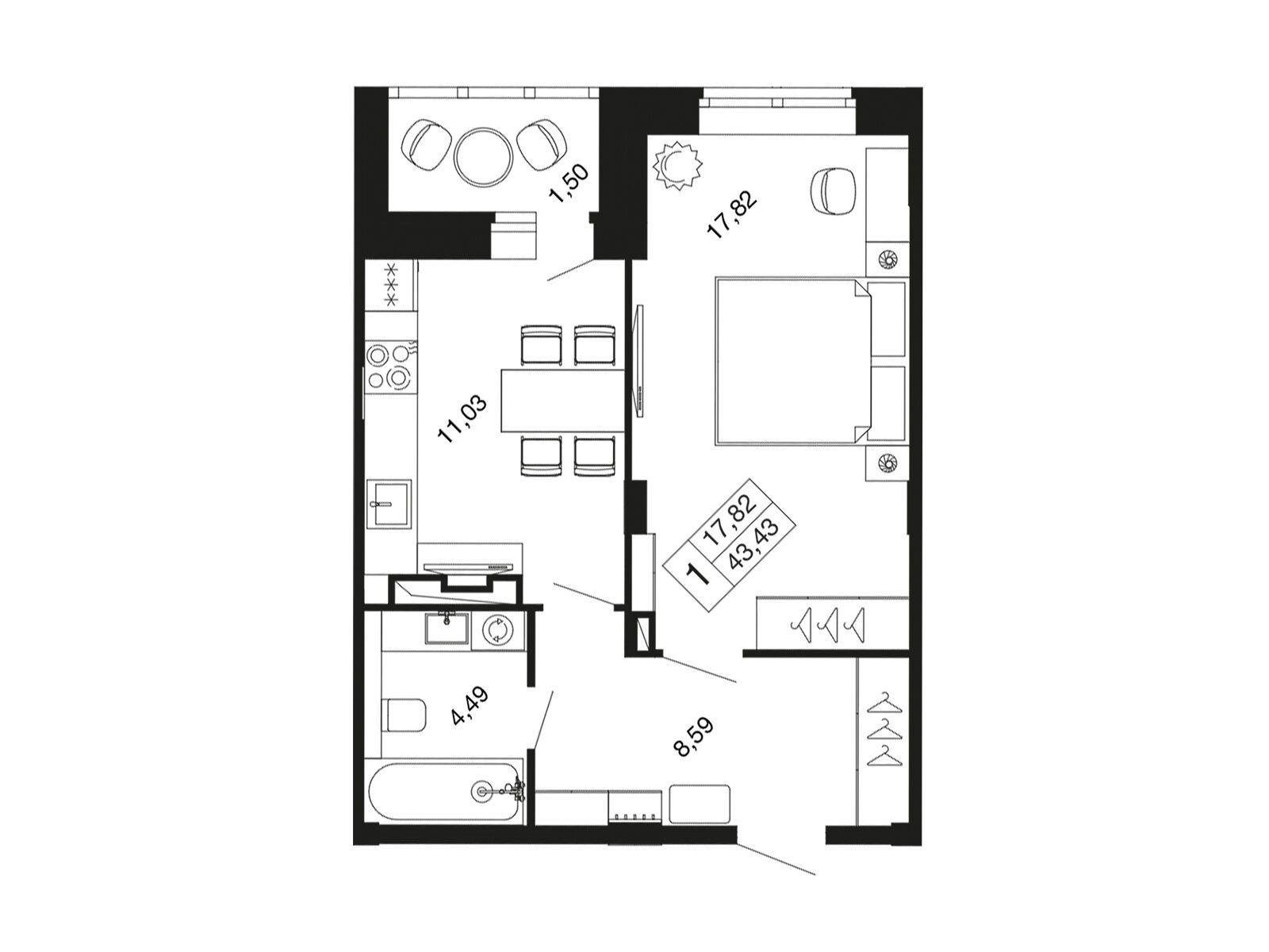 Планировка: 1-комн. квартира 41.90 м² в новостройке Времена года