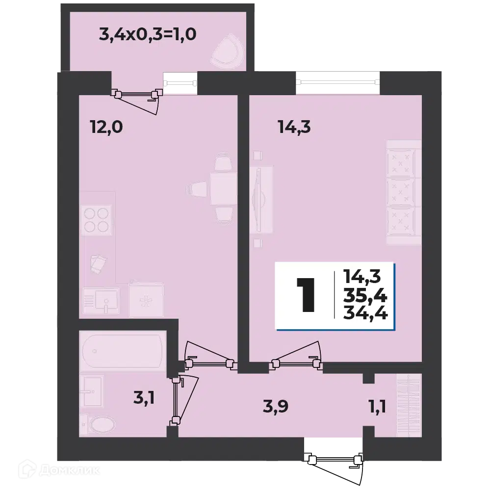 Планировка: 1-комн. квартира 35.40 м² в новостройке ЖК Дарград