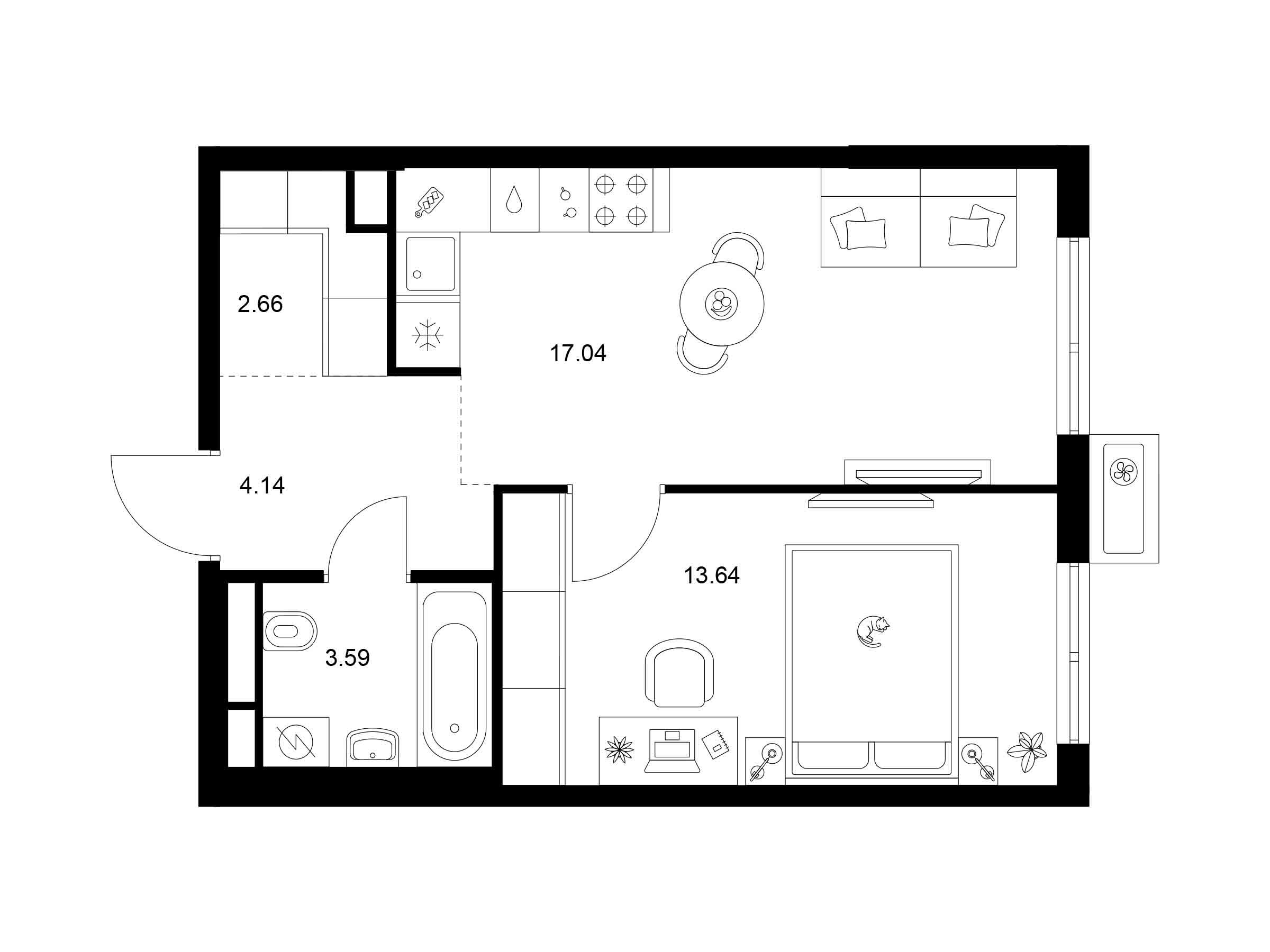 Планировка: 1-комн. квартира 41.07 м² в новостройке Квартал Мит