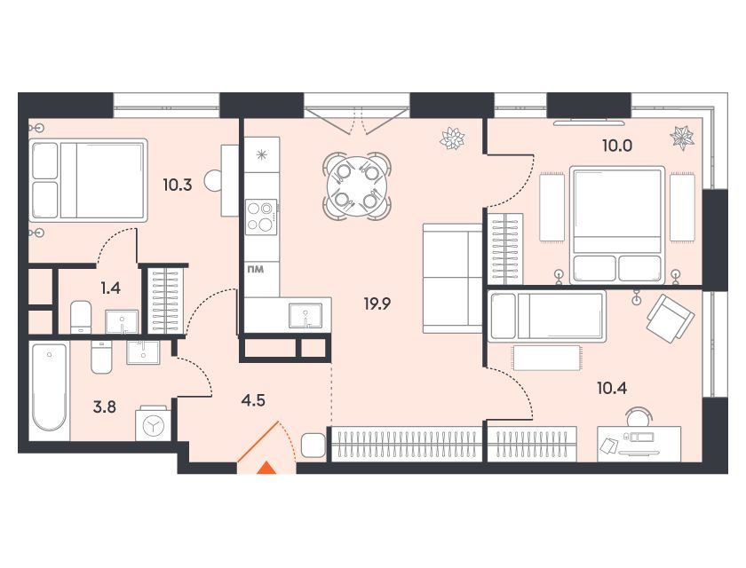 Планировка: 3-комн. квартира 60.00 м² в новостройке Баланс