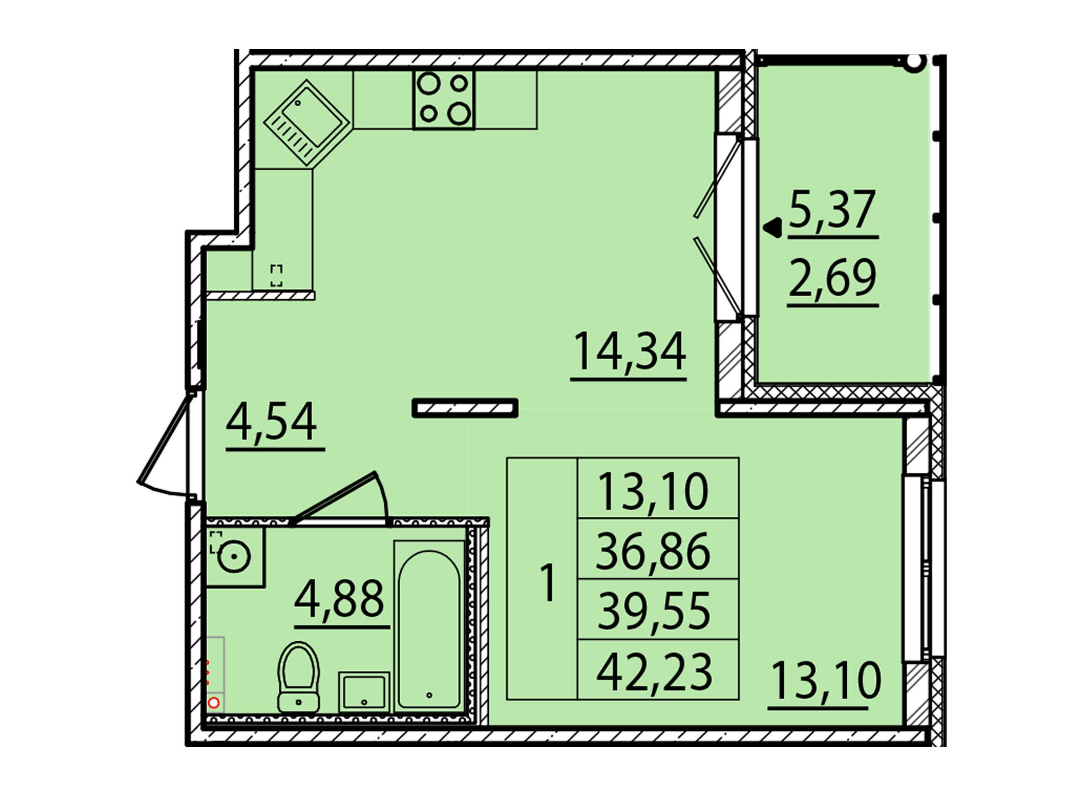 Планировка: 1-комн. квартира 36.86 м² в новостройке Образцовый квартал 15