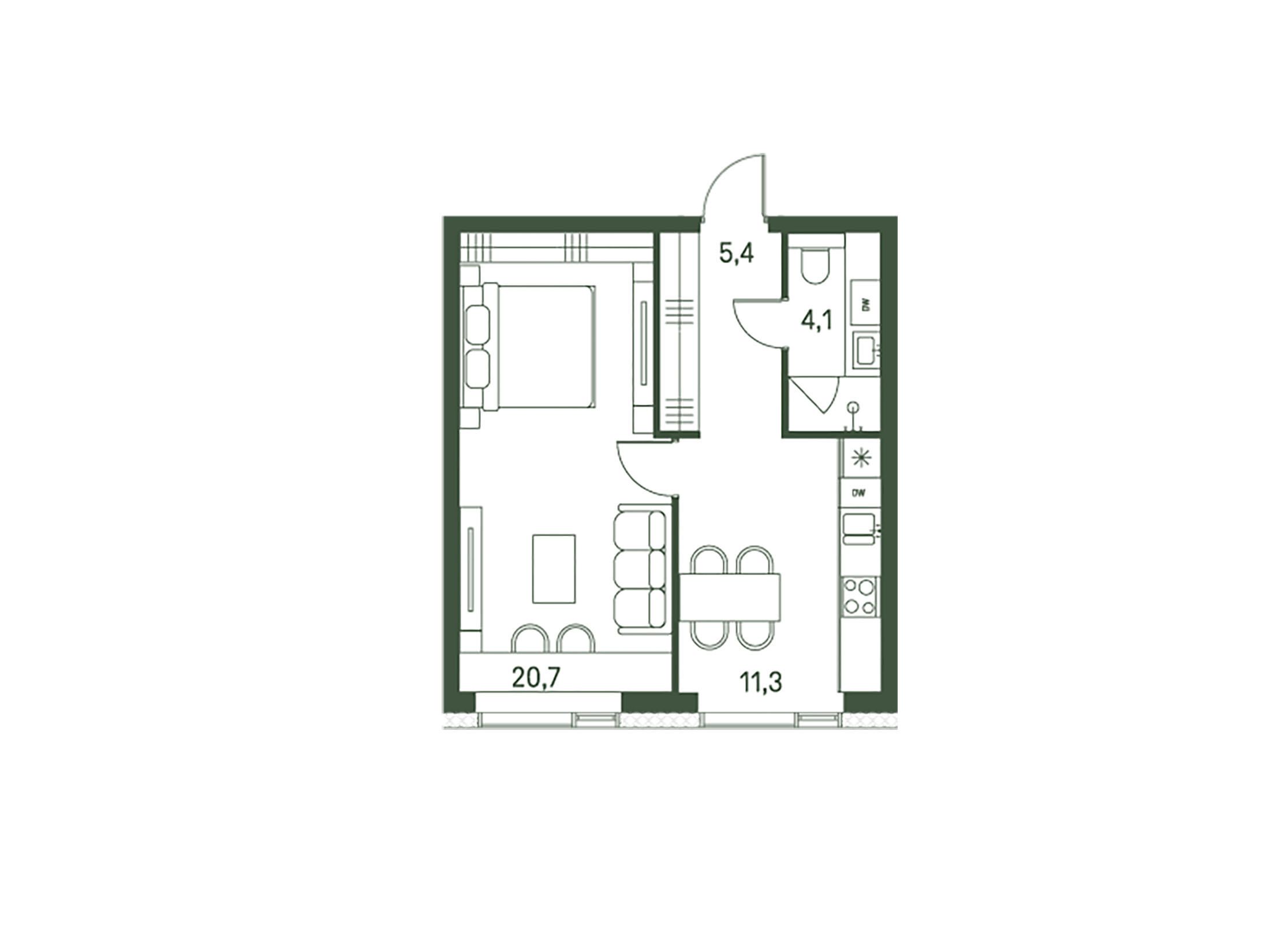 Планировка: 1-комн. квартира 41.50 м² в новостройке Моментс