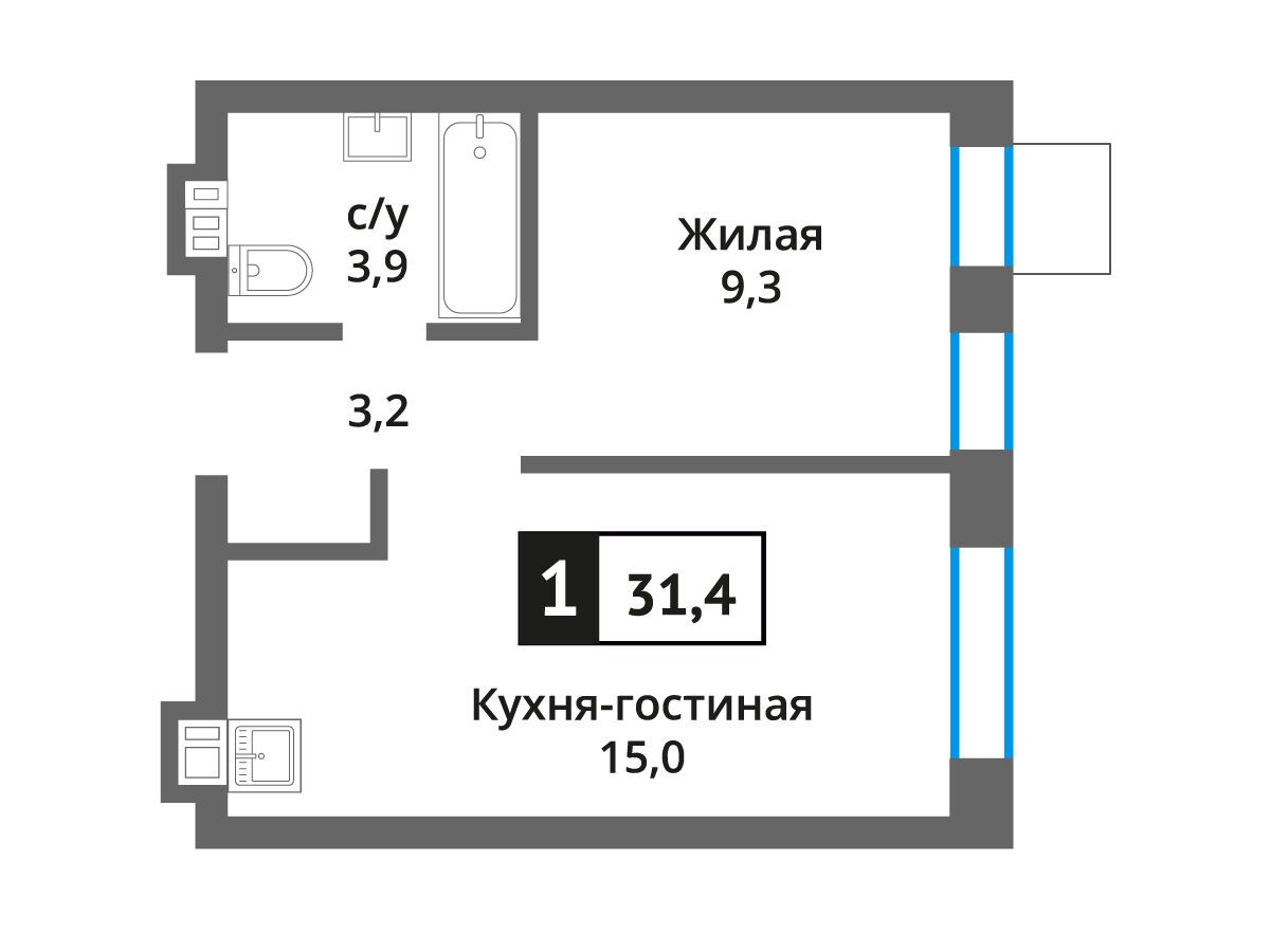 Планировка: 1-комн. квартира 31.40 м² в новостройке Никольский квартал Отрада