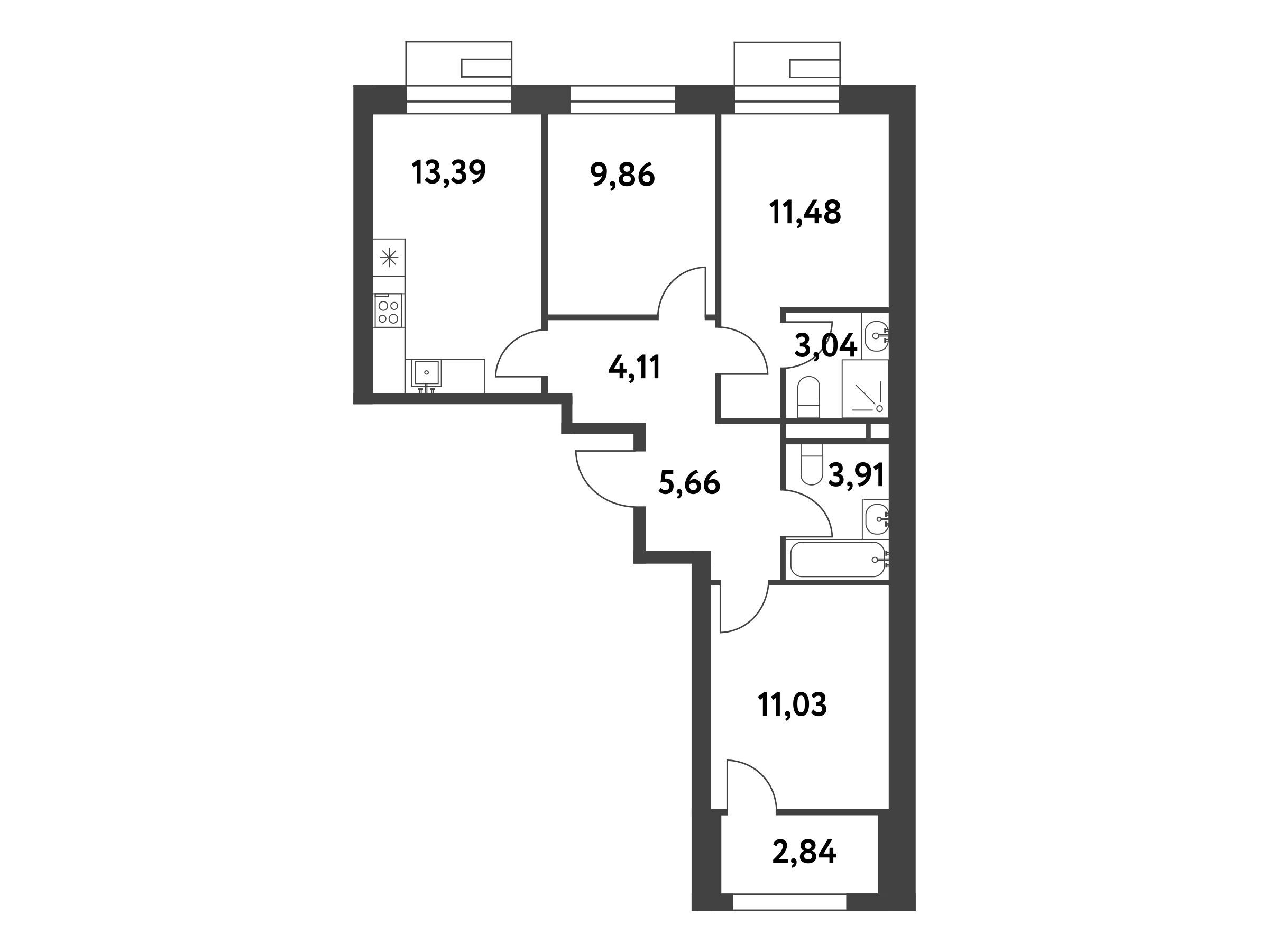 Планировка: 3-комн. квартира 63.90 м² в новостройке Смарт Гарден