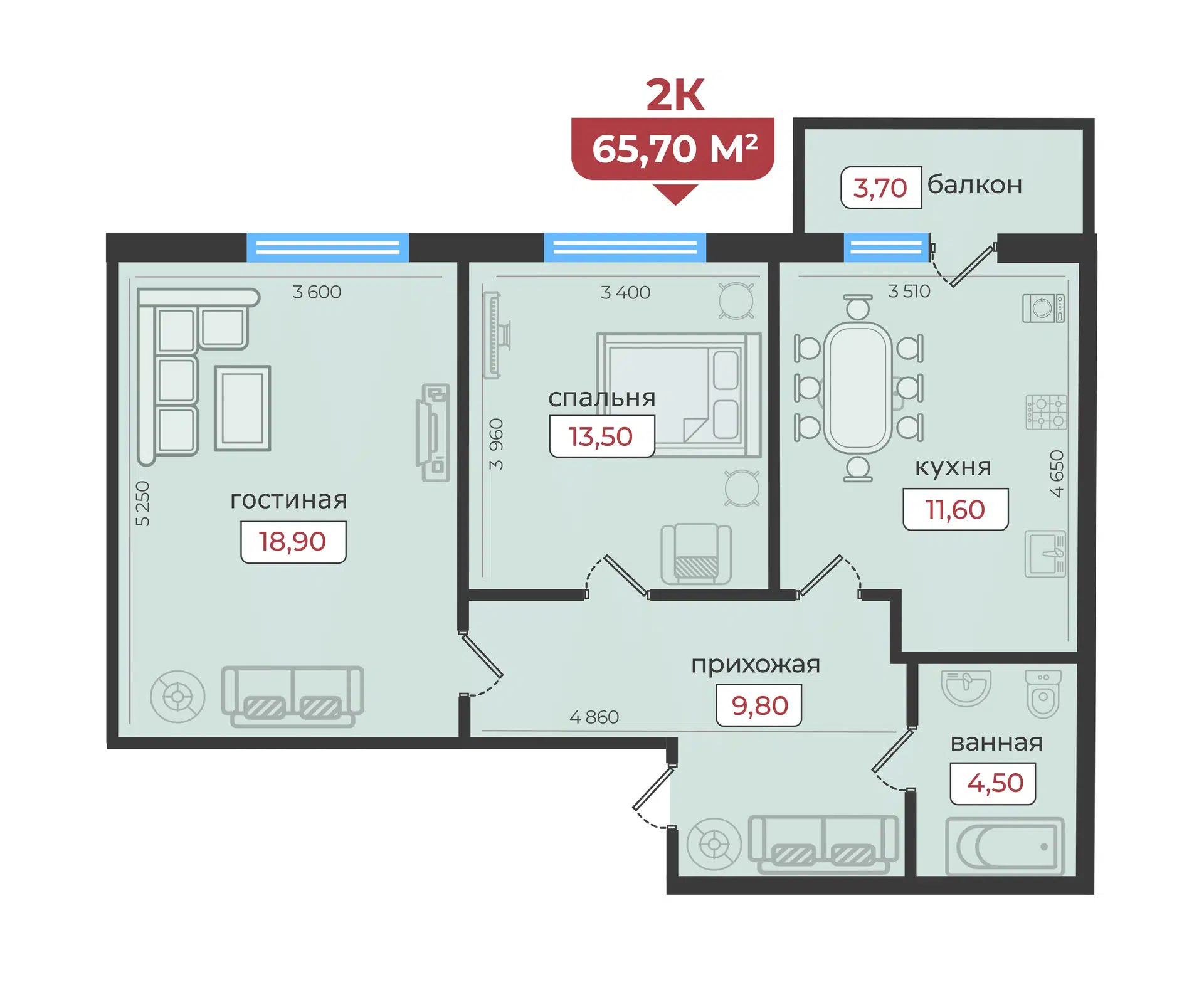 Планировка: 2-комн. квартира 65.70 м² в новостройке Европейский 5