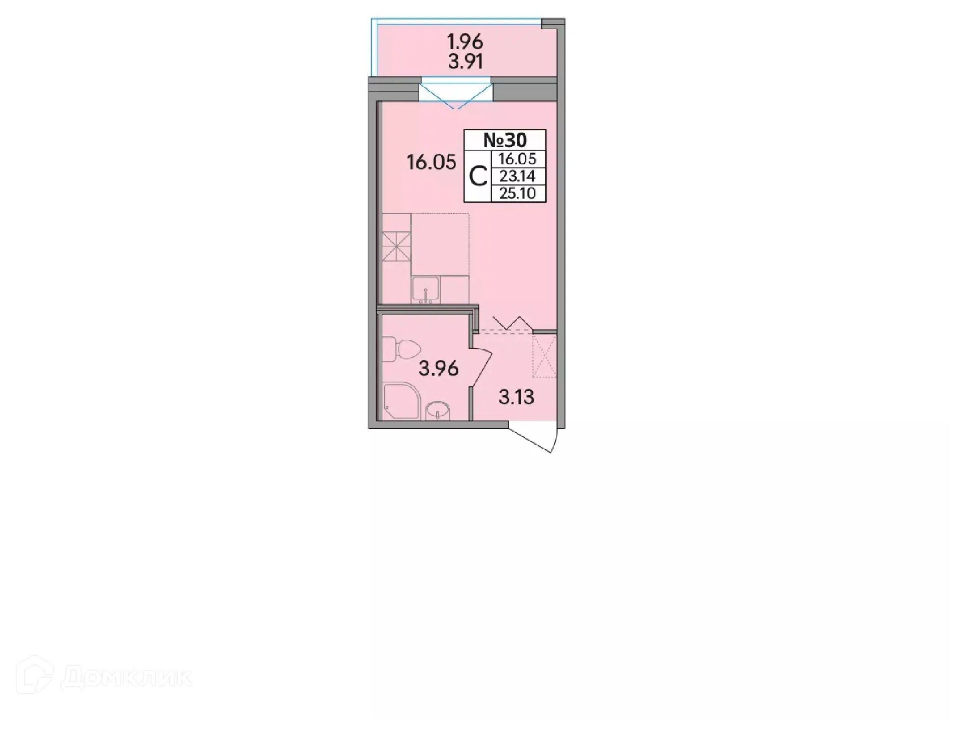 Планировка: Студия 25.60 м² в новостройке Рождественский квартал