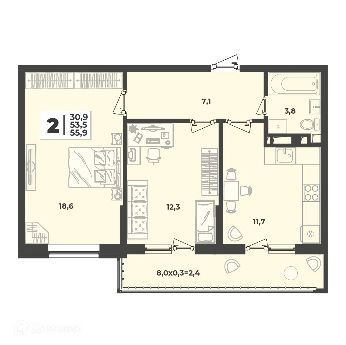 Планировка: 2-комн. квартира 55.90 м² в новостройке Лето