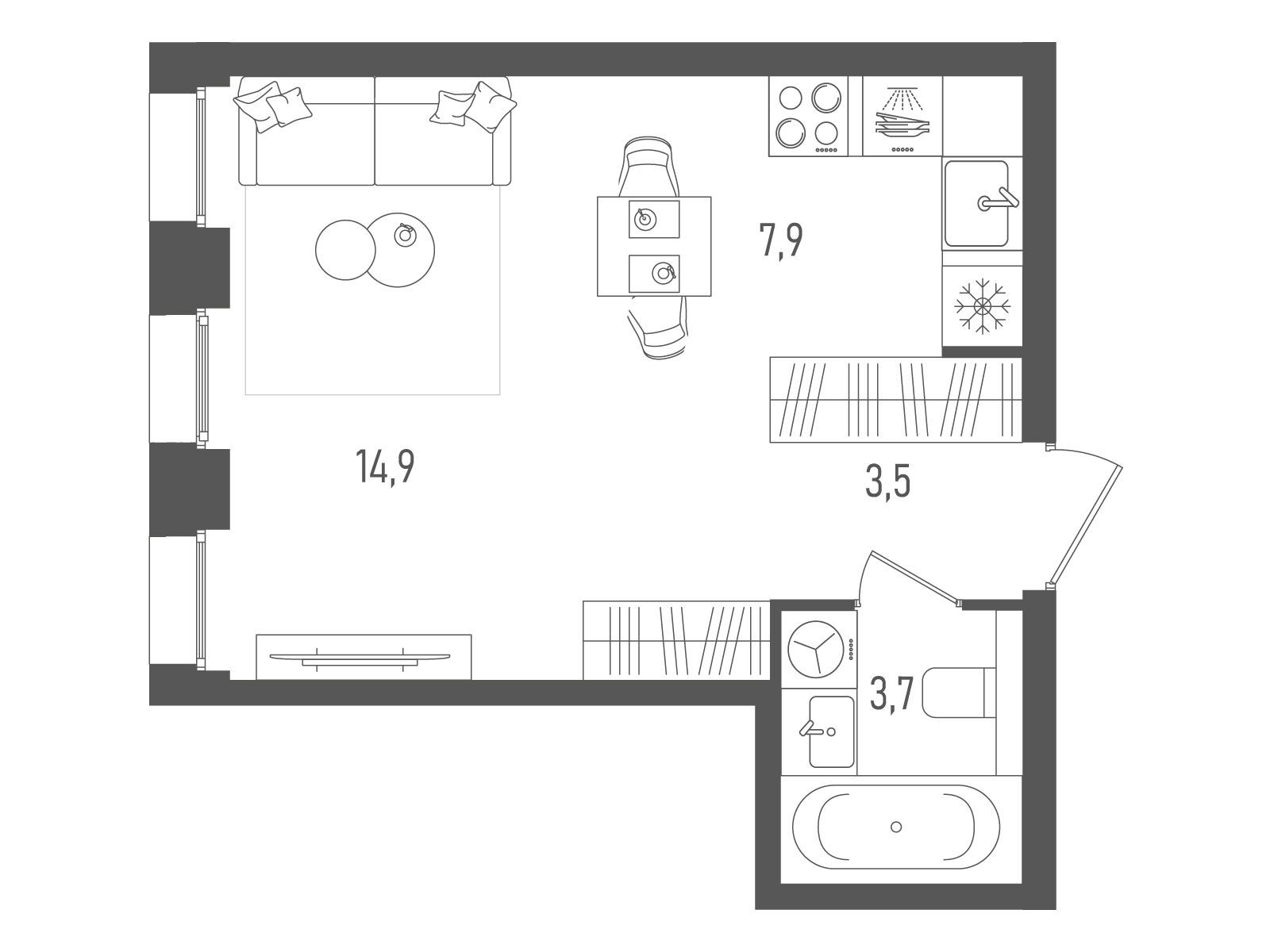 Планировка: Студия 30.00 м² в новостройке Пейв