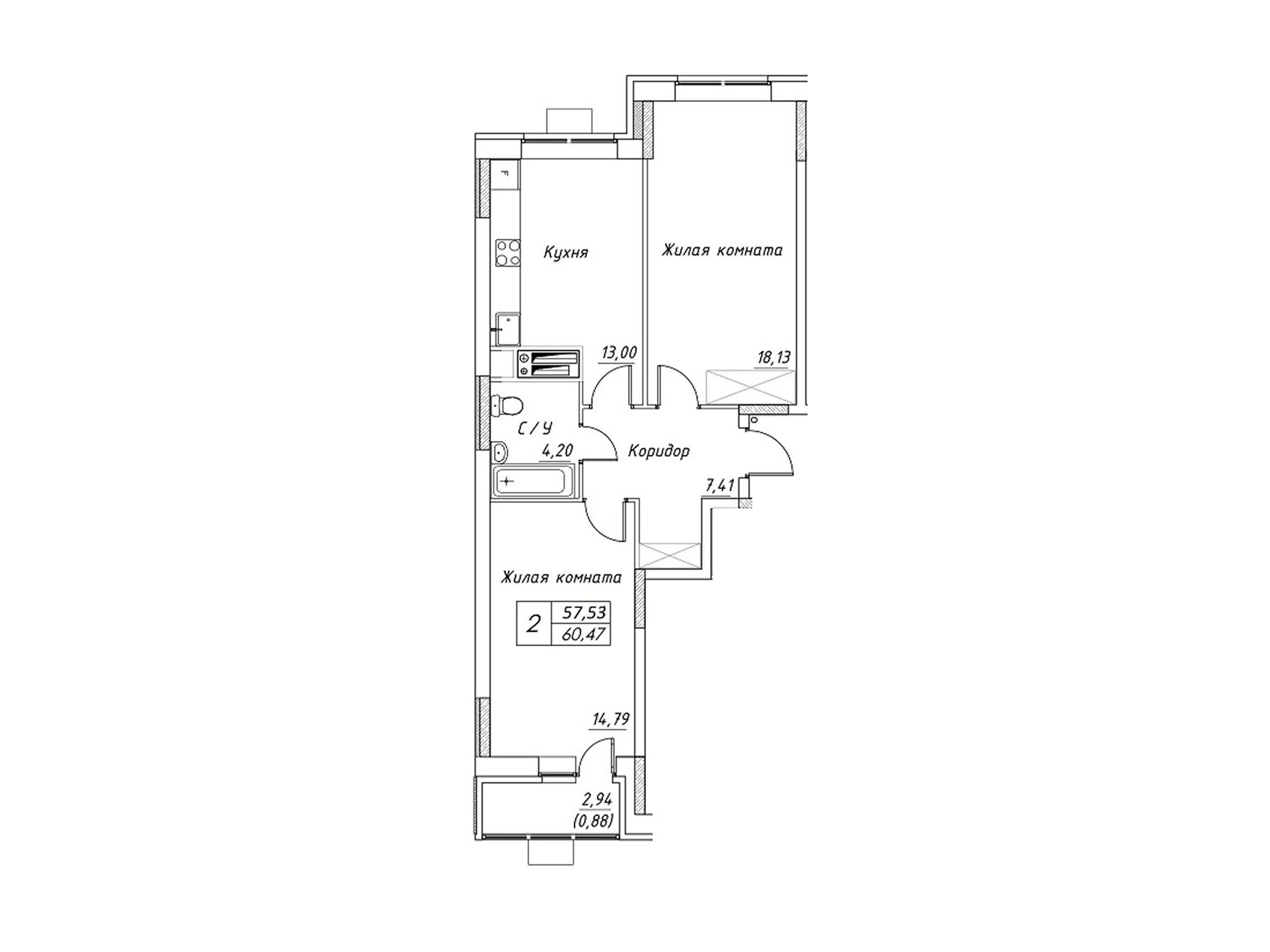 Планировка: 2-комн. квартира 60.47 м² в новостройке Большевик (Дмитров)