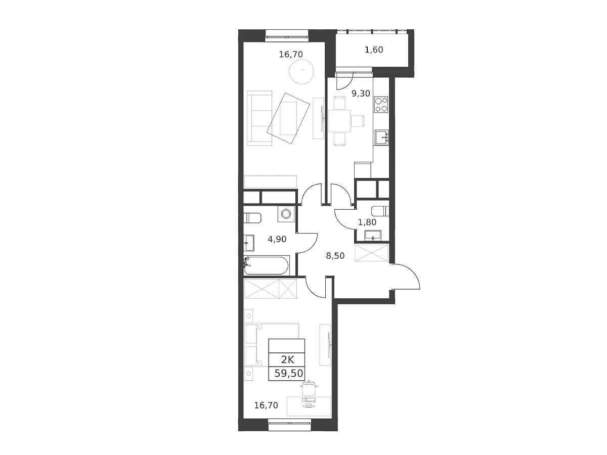 Планировка: 2-комн. квартира 59.50 м² в новостройке Октябрьский