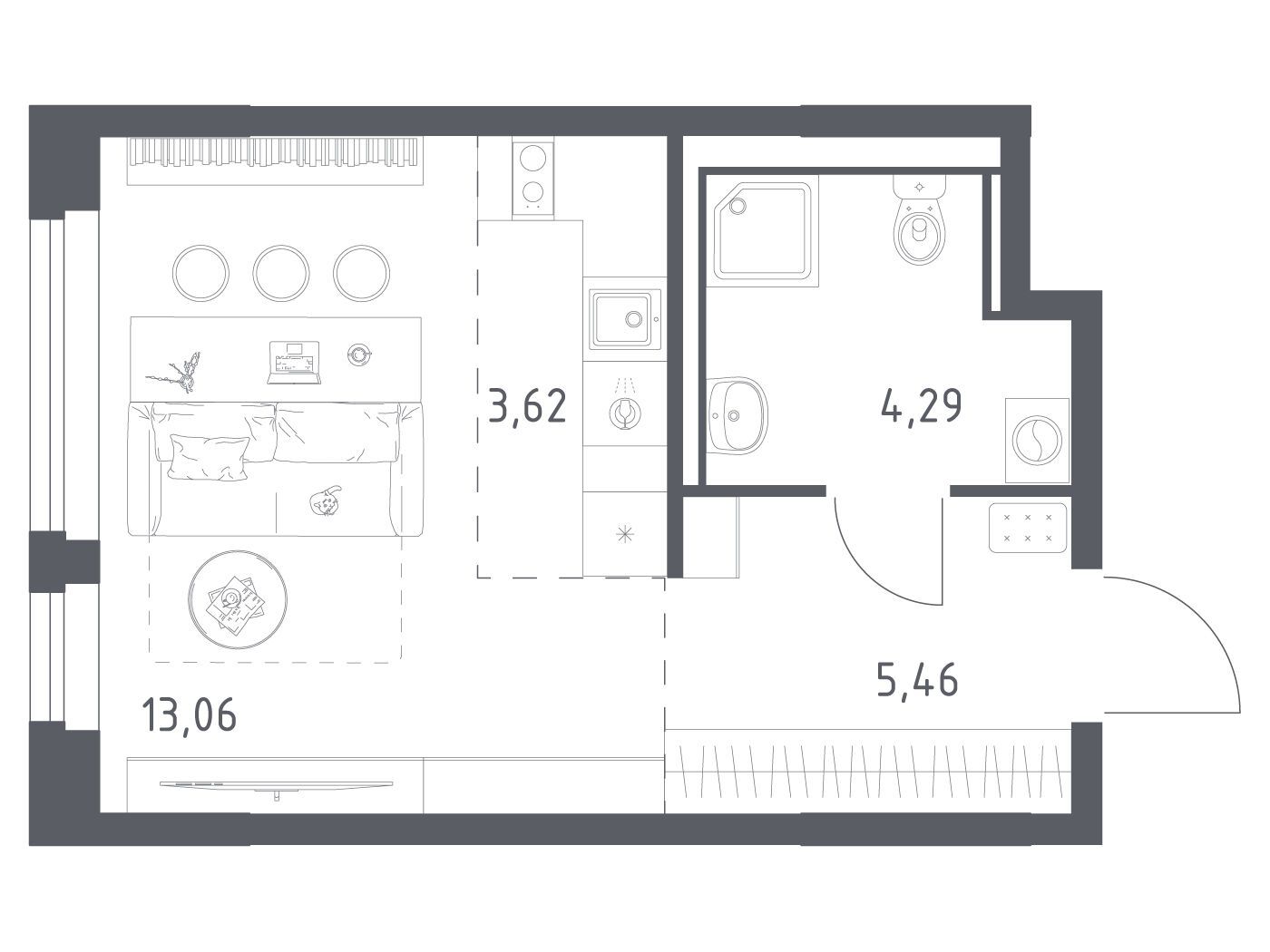 Планировка: Студия 26.43 м² в новостройке Новое Колпино