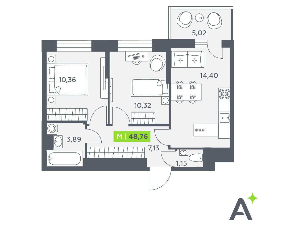 Планировка: 3-комн. квартира 48.76 м² в новостройке Аквилон Верба