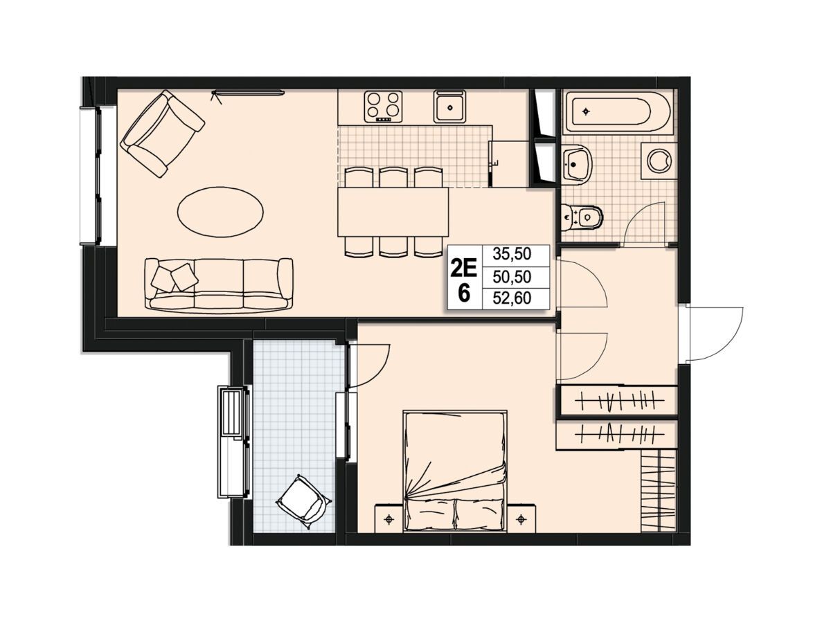 Планировка: 2-комн. квартира 50.00 м² в новостройке Атлантис