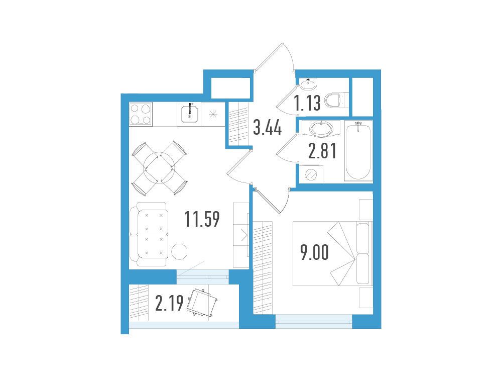 Планировка: 1-комн. квартира 28.11 м² в новостройке Южный форт
